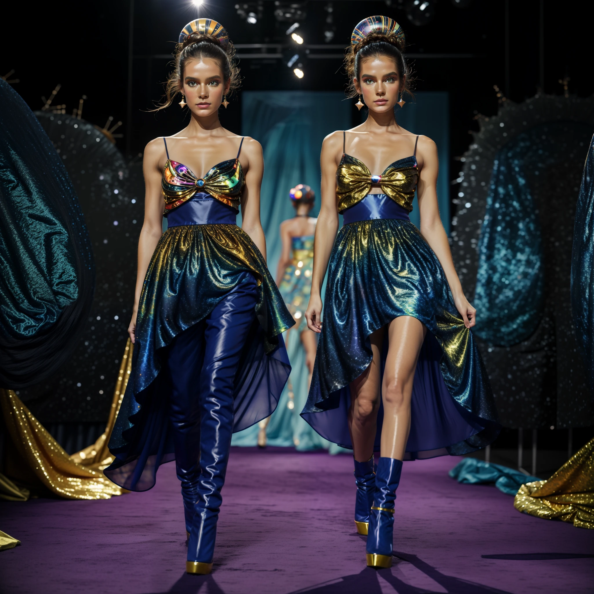 Design a space-themed outfit for a model that is inspired by the planets and stars. The outfit should be made of bright, colorful fabrics and should have a whimsical, otherworldly look. The outfit should also be comfortable and stylish, as it will be worn by the model at a fashion show.