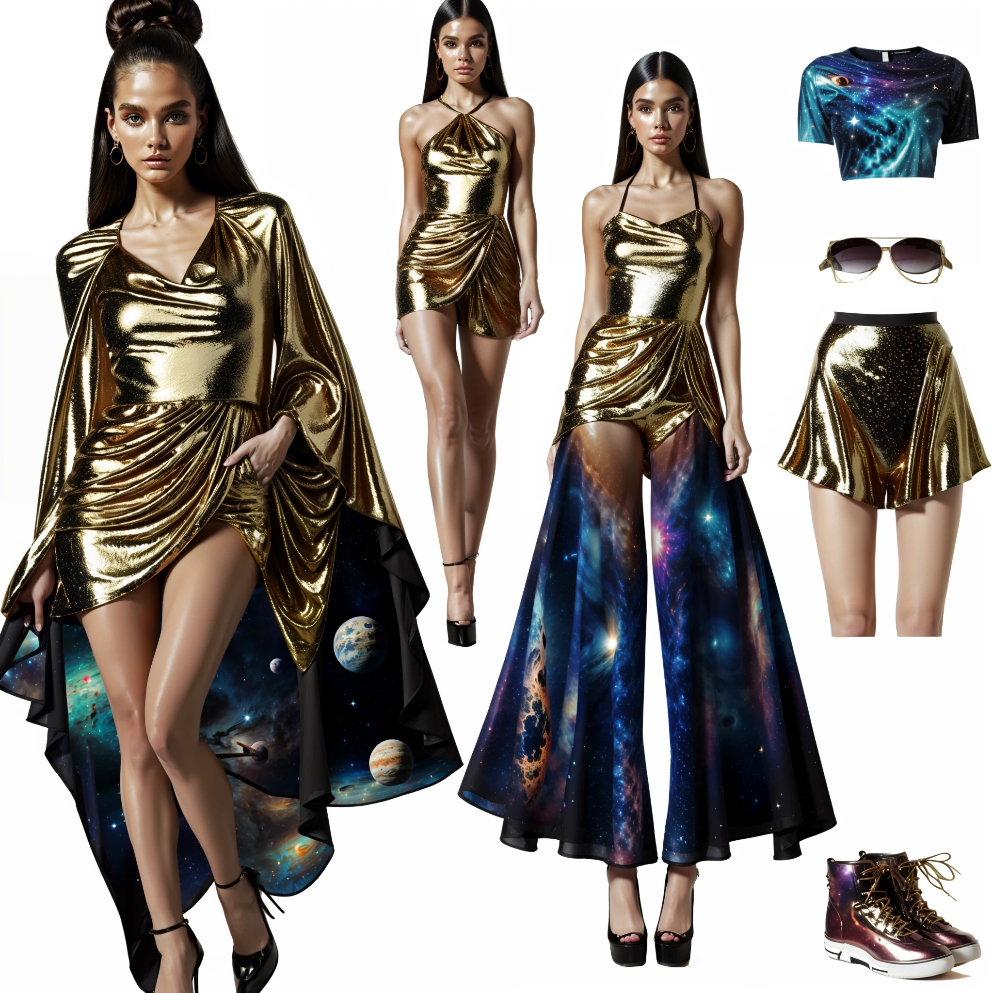Design a space-themed outfit for a model that is inspired by the planets and stars. The outfit should be made of bright, colorful fabrics and should have a whimsical, otherworldly look. The outfit should also be comfortable and stylish, as it will be worn by the model at a fashion show.