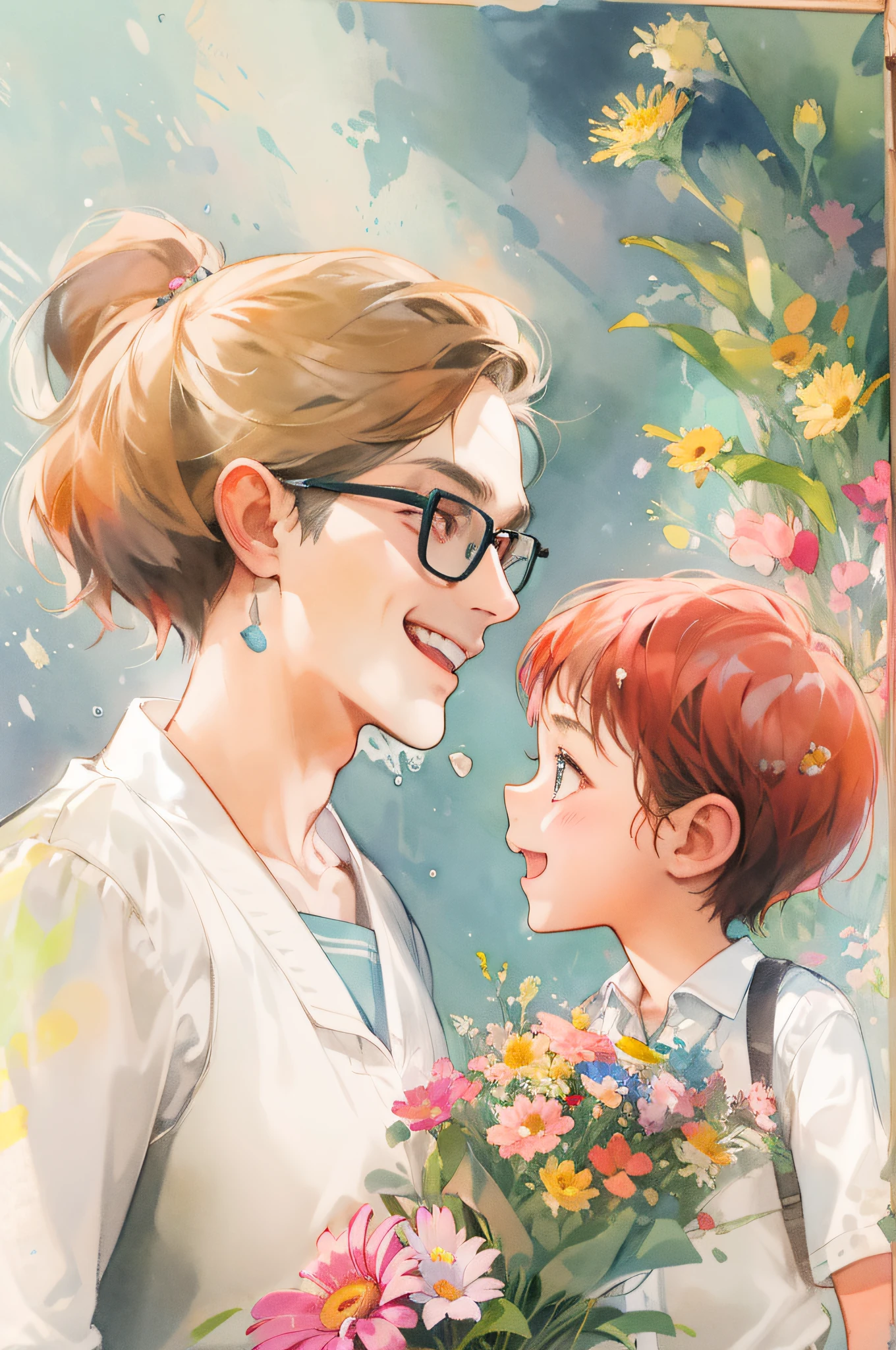 There was a woman and a child holding flowers, flowers on the cheeks of the heir, Kawaii realistic portrait, Mother, sakimichan, drawn in anime painter studio, Your mother, author:Trebuke, Guviz-style artwork, author:Kikukawa Sakaeyama, motherly, High-quality fanart, author:Love light, haruhi