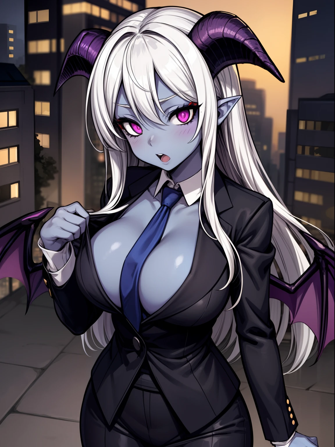 1girl,solo focus,goat horns,purple eyes,colored sclera,silver hairs, long hair, blue skin,colored skin, breasts,,bat wings, waist wings,suit, tuxedo,city,necktie,cleavage