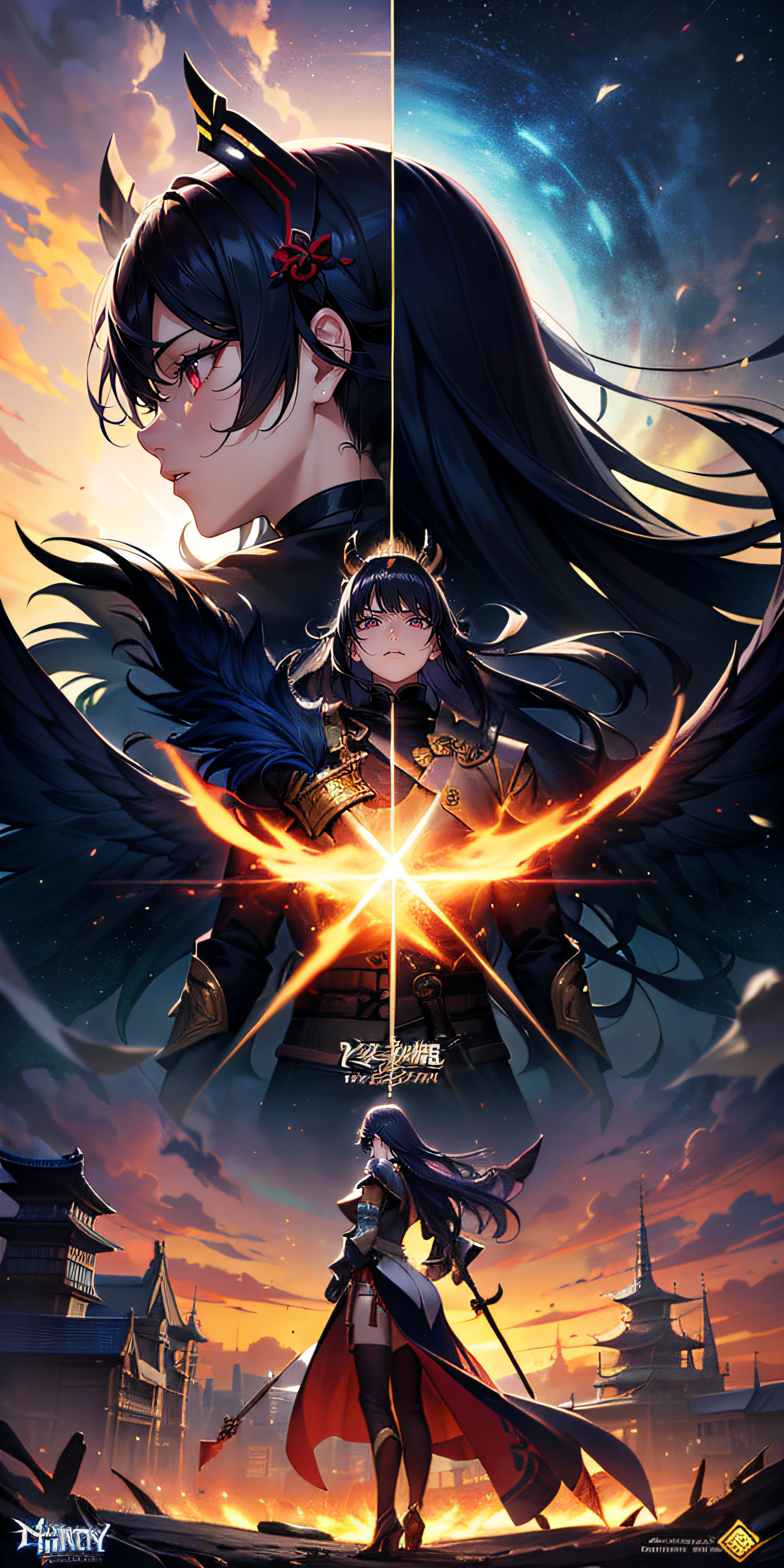 Anime figure,Dark villain,Beauty side face,Long hair flying,(gold
Colorful headdress),Two teenage girls back to back,(Simple head
helmet)Spark ashes burn,The samurai held a sword,Wear contrasting armor,The whole picture of the witch and the witch skeleton,(standing full-body),((Faraway view)),(HD8K),ultra-wide-angle,The background is gorgeous,the original god,demon anime girl,Angel anime girl,fantasy paladin man,Dragon Knight,Spread your black feathered wings,Mobile Genshin Impact,Anime 8K,Anime fantasy insertion,Genshin Impact,Tough and cold character,Detailed key anime art,Ayaka Genshin impact,onmyoji portrait,Close-up of shooting random weapons,Comic book epic artwork,Epic fantasy digital art style,Epic fantasy art style,8K high quality detailed art,Epic fantasy art style HD,Faraway view,Behind him,This is a golden glowing magic array。,Purify the flame,HD anime visuals,full portrait of magical knight
