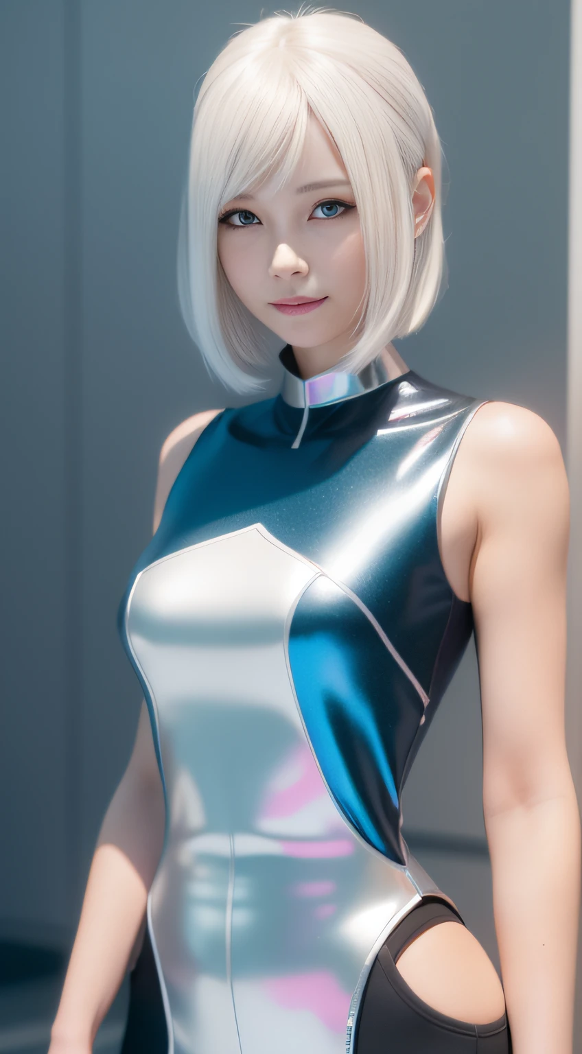 One in a pink dress,White color hair,Woman with straight hair and short hair, 3 D rendering character art 8 K, cyborg - girl with silver hair, beautiful female android!, beautiful female android, perfect android girl, beautiful android woman, smooth digital concept art, smooth 3d cg render,, sci - fi character, Beautiful robot character design,ssmile,largeeyes,The upper part of the body,cute delicate face, Extremely beautiful face, beautiful delicate face, Stunning anime face portrait, beautiful aesthetic face, Detailed beautiful face, girl cute-fine face, Realistic beautiful face, Beautiful realistic face, beautiful and realistic faces, girl with white eyes,Right shoulders,Blue has God's eyes,Ultra-delicate smooth skin,Asian face shape,Girl futuristic white and pink shiny metallic silver white long dress,Smile without showing your teeth,ssmile,Teethless,二重まぶた,Blue eyes,largeeyes,Clear strands of hair