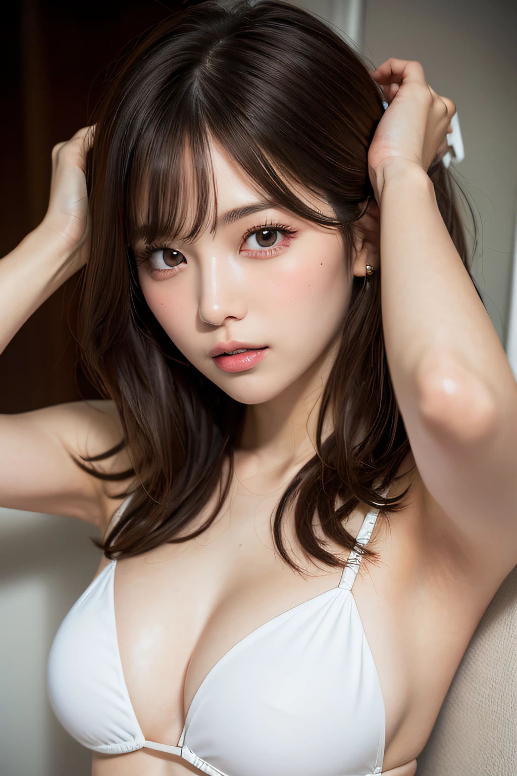 (masutepiece:1.3), High resolution, ultra-detailliert, the Extremely Detailed CG Unity 8K Wallpapers, Realistic, Photorealsitic, Raw photo, beautifull detailed face, pale skin, realistic glistening skin, Detailed Cloth Texture, detailed hair texture, Perfect body, Beautiful face, acurate, Anatomically correct, Highly detailed face and skin texture, Natural neck length, (Beautiful hands), (Fair skin:1.2), thin legs, Thin feet, Sexy thighs,
Detailed eyes, symmetrical eye, Light brown eyes, Double eyelids, Thin eyebrows, (Glossy lips:1.4), ((Sexy face:1.3)), (blush:1.1),(Mole under the eyes),(thick body),(short cut hair),(fold your arms behind head:1.3),
(a very pretty girl:1.3), (wearing a white bikini:1.2),
(Large breasts:1.5), (firm breasts, nice shaped breasts:1.1),
(dark brown hair, Wavy Hair, short Hair:1.2), ((asymmetrical bangs:1.2)), (Sheer fabric:1.2),
((Seductive pose with chest sticking out:1.3)), (Cowboy Shot:1.2), Looking at Viewer,