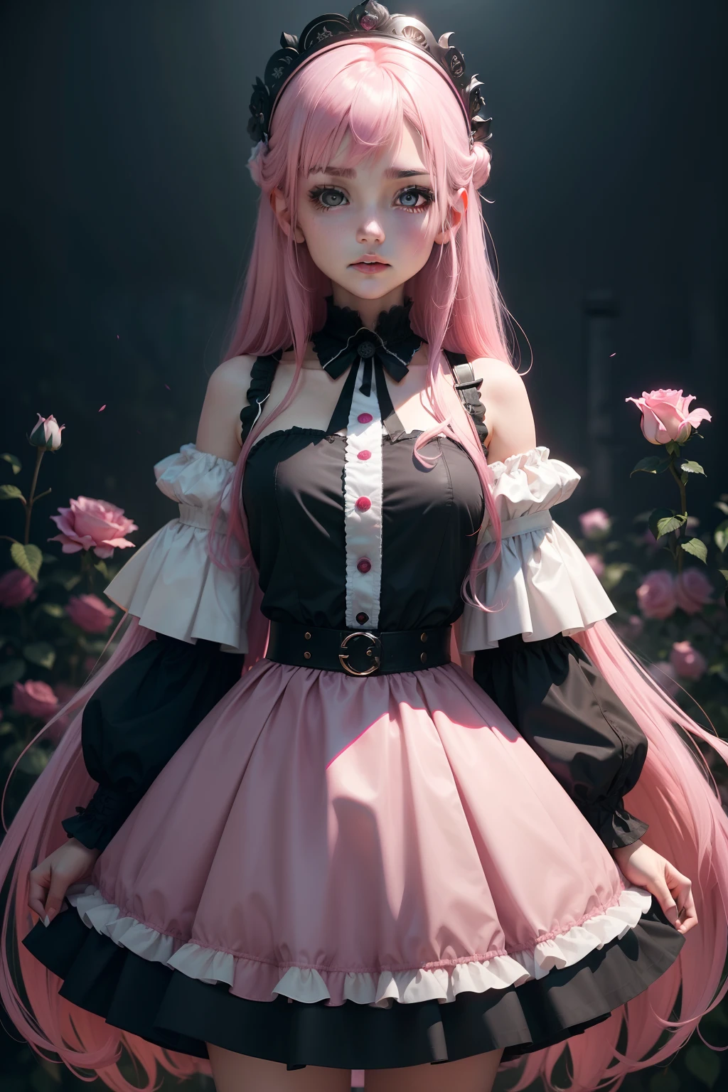 The girl's skirt was stained with new blood,A pink-haired,Girl with pink eyes,Large white 6-layer skirt,Crown on head,A large patch of black roses with soft lighting,4K, Best quality at best, super detailing, Award-Awarded, high qulity,Best quality at best,high detal