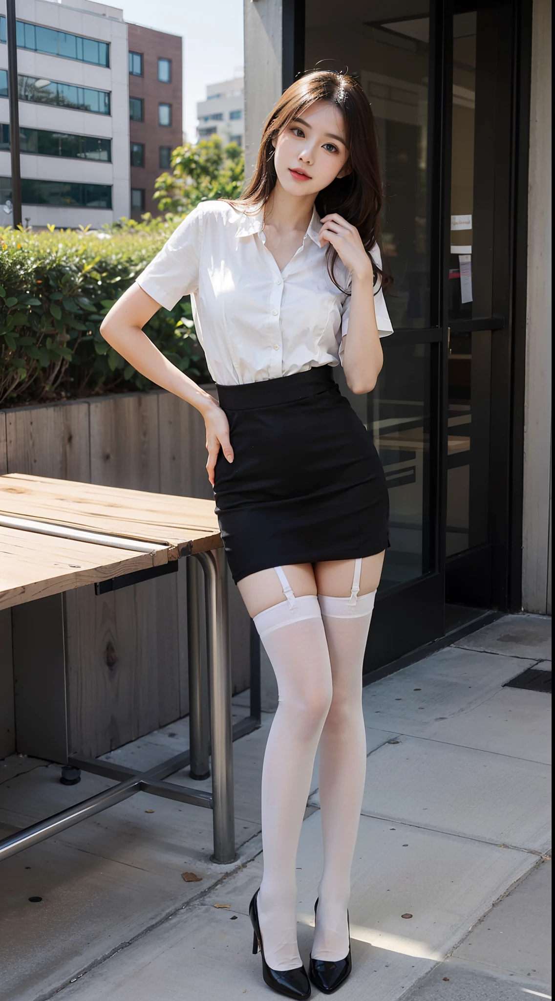 best qualtiy, Full body like,Refined face,A pair of smart eyes,pretty face,25 years old woman,slimfigure,Larger bust,office lady uniform,Office wear,white stockings,Outdoor scene,Sit Pose,yellow long hair
