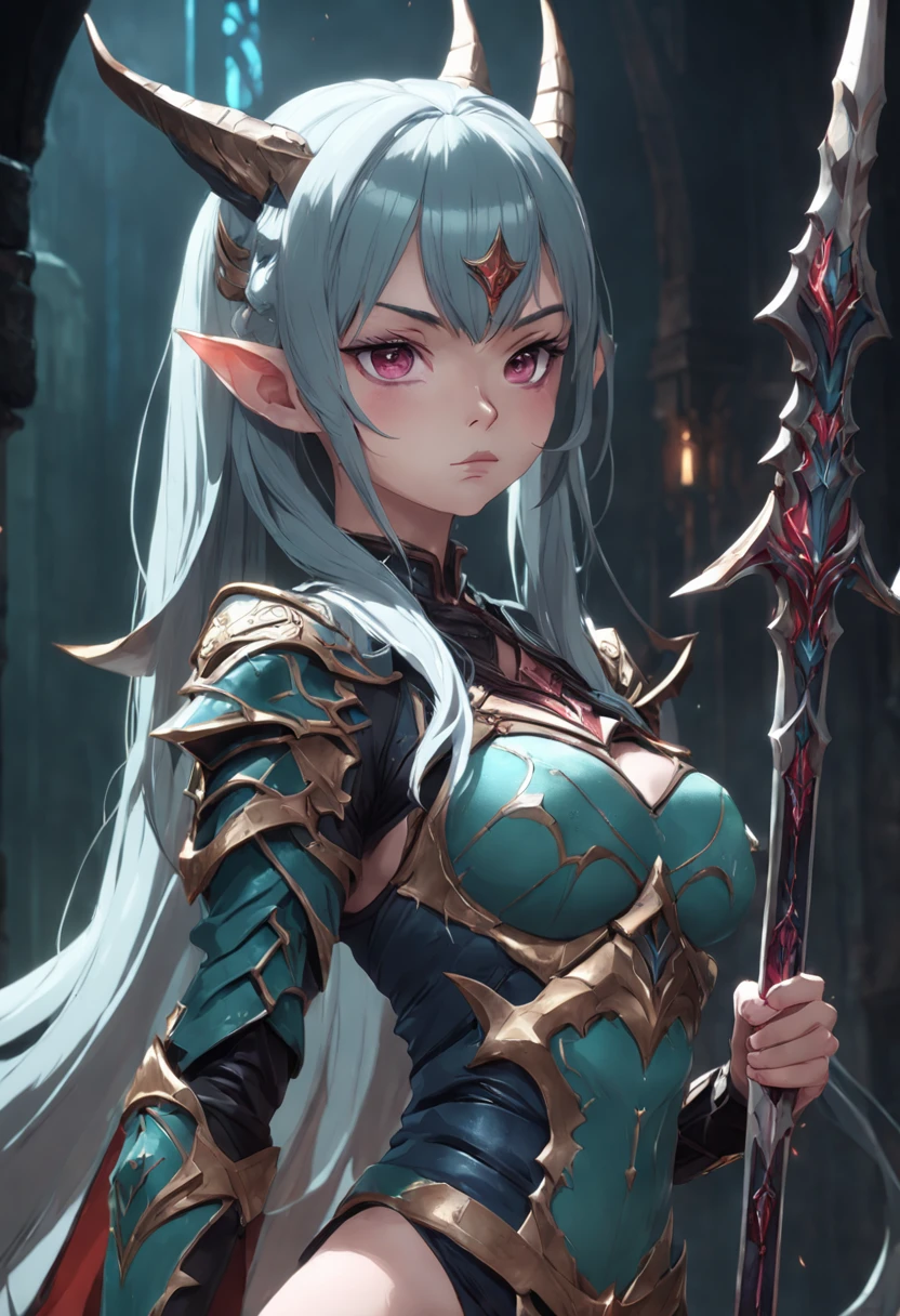 Close-up of a girl with a sword, ultra-detailed fantasy character, intricate gorgeous anime CGI style, female demon suitable for white horns, 4 K detail fantasy, high detail iconic character, beautiful biomechanical elf, complex fantasy character, high detail and very sharp, intricate artwork. Octane rendering, 3 D rendering character art 8 K
