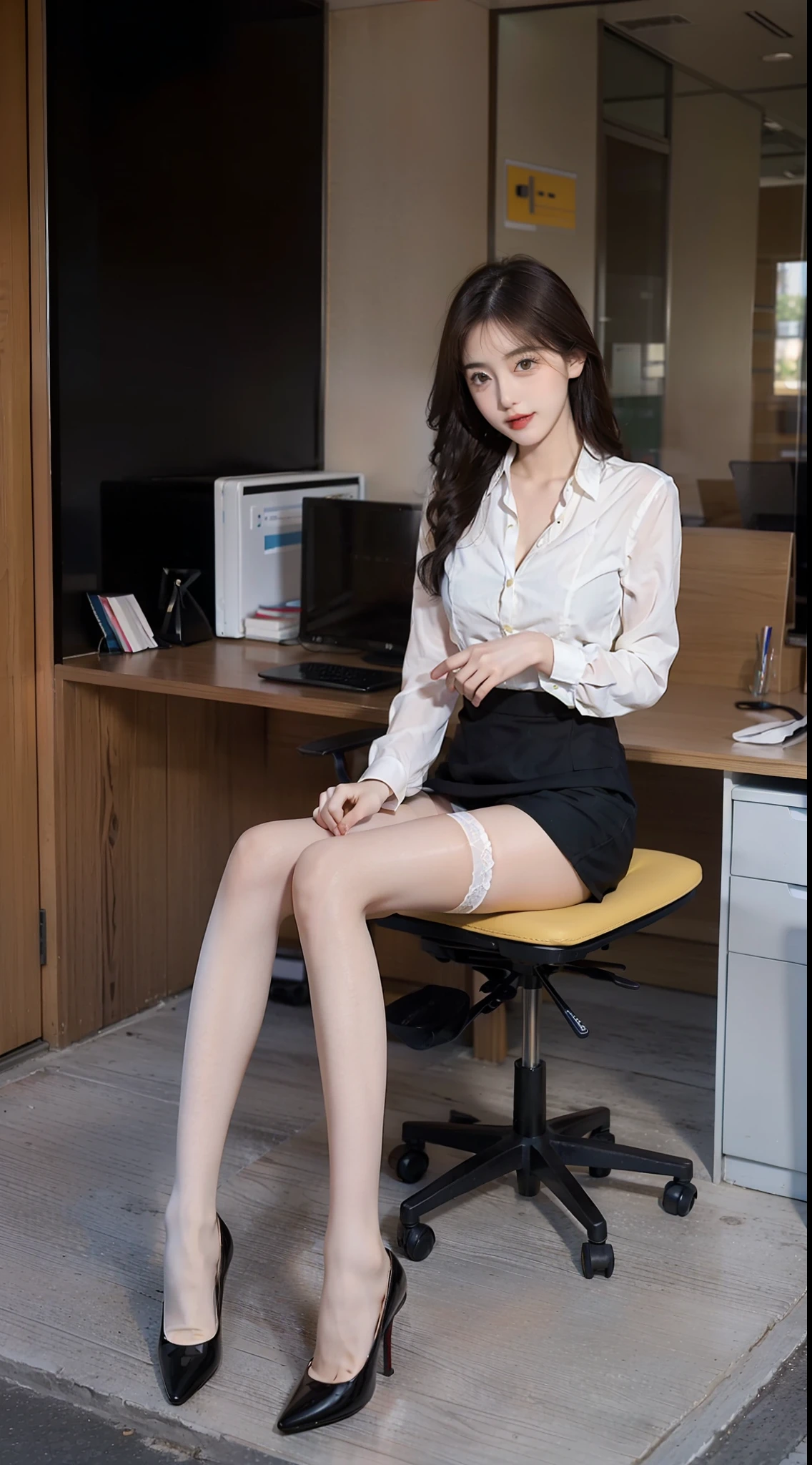 (8K high image quality), (top-quality), (RAW image quality),(masutepiece:1.2), (Realistic), (Photorealistic:1.37), largeeyes,long eyelasher,Precise action and realistic style）,The Ultimate Face,Photorealistic, Light and shadow,Clear facial features,milky skin,Fair skin, highdetailskin,Realistic skin details,Visible Pore,（Super Detail）,Hair length is random, （Flowing hair）,Best portraits,Shooting from a distance, Only one girl, Cute,Beautiful detailed eyes, beautiful detailed nose, highlydetailed skin) ,(Beautiful face with double eyelids), (Realism: 1.4),,delicate and beautiful face,,25-years old,(Beautiful Face 1.4),A slender, (Wearing an office lady suit and skirt:1.2),((In the office of the company)),,Natural smile,(,Looks fun),Medium Hair,,((Wearing an office lady suit and skirt)),Very beautiful legs,(((squatting on viewer))),((Smile at your audience)),The color of the panties is white,Very attractive smile,Sit with both knees upright,((Squatting down to show off her white panties)),(((Squats with legs slightly spread))),Gesture of putting a hand on the cheek