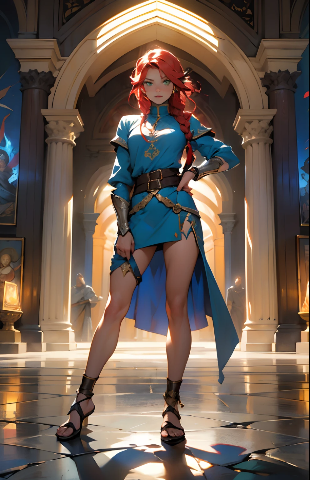 Fantasy world, dnd art female, dwarf, (Masterpiece 1.5, intense detail), red hair, Green eyes, slightly pointed ears, Braided hair,(Masterpiece, intense detail),cleric, templar, casting spells (Masterpiece, intense details dnd art) ,wearing white heavy armor with sigils (Masterpiece, intense detail). Carrying a flaming axe (Masterpiece 1.5, intense detail),wearing blue cloak with sigils (Masterpiece 1.4, intense detail), holy symbol, radiant yellow light,(Masterpiece, intense detail) standing near fantasy setting temple at dawn, Sun, backligt, (Masterpiece, intense detail) Glowing light, Ray tracing, reflective light, Silhouette, Wide shot, in a panoramic view, Ultra-wide angle, Award-Awarded, Best quality, HD, 4K分辨率, High details