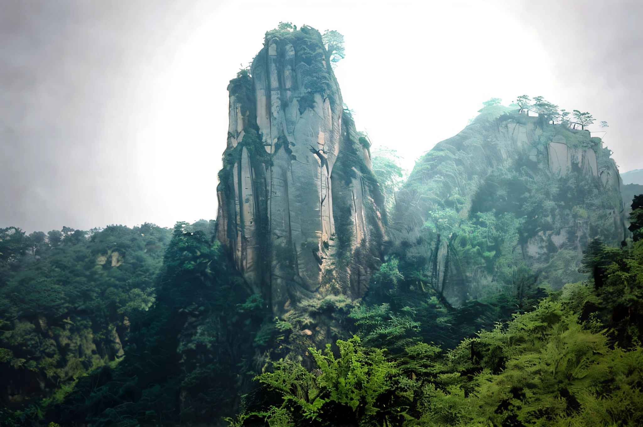 There is a large rock formation in the middle of the forest, giant imposing mountain, big sharp rock, viewed in profile from far away, zhangjiajie national forest park, zhangjiajie, karst pillars forest, stonepunk, zhangjiajie in early morning, rock formations, tall stone spires, detailed trees and cliffs