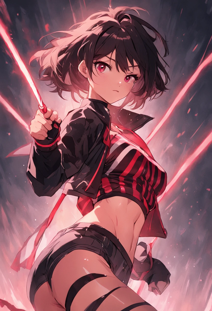 sexy beautiful female superheroine . dark brown hair brown eyes wears a black midriff top with a red stripe on the center and an opening on the chest . Wears black shorts that in red in the center, with the addition of fishnet stockings. Wears black boots with a pink outline, she is holding pair of electric Escrima Sticks portrait photography by artgerm, in the style of realism, glistening skin, , natural lighting, Defined full lips. Muscular fitness feminine body