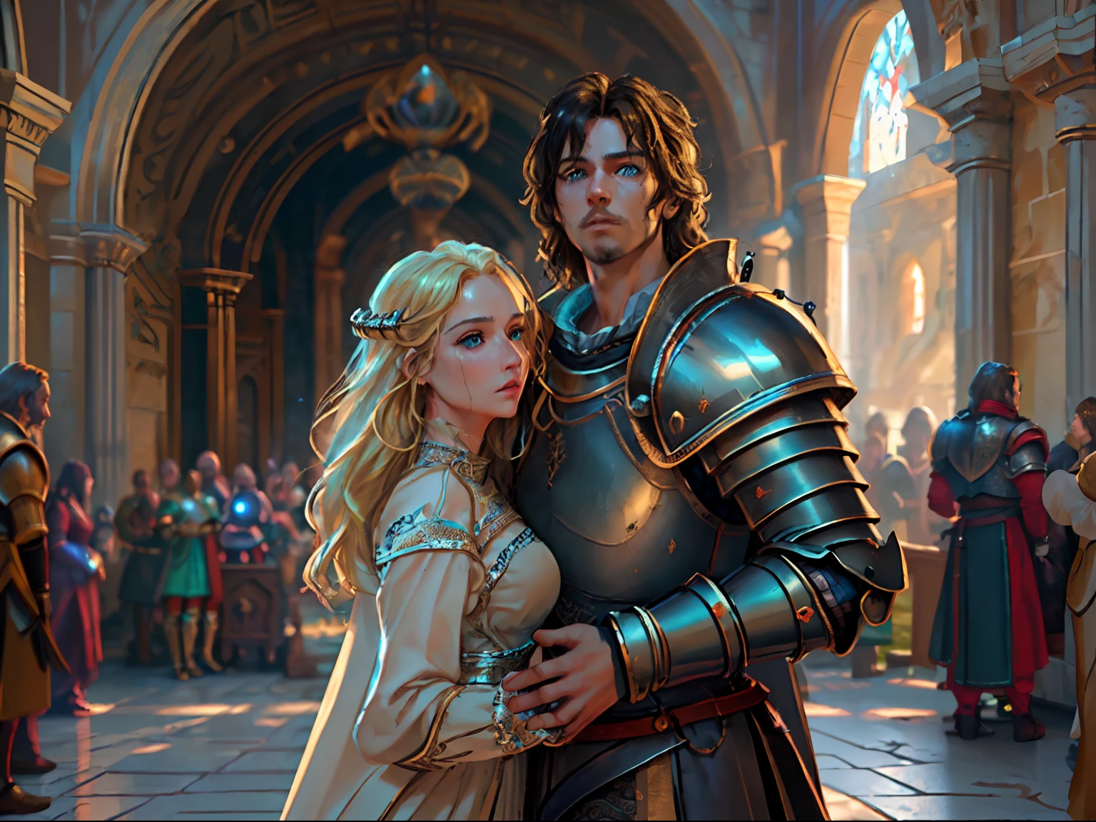 arafed, high details, best quality, 8k, [ultra detailed], masterpiece, best quality, (extremely detailed), dynamic angle, ultra wide shot, RAW, photorealistic, a wide angle picture of a wedding between a knight and her prince in medieval castle, a female human knight, pic beautiful human woman (best details, Masterpiece, best quality), ultra detailed face (best details, Masterpiece, best quality), blond hair, long hair, wavy hair, green eyes, wearing heavy armor, metallic armor, armor shines BREAK, and a human male prince, beautiful human man (best details, Masterpiece, best quality), ultra detailed face (best details, Masterpiece, best quality), black hair, short hair, blue eyes, wearing, medieval style clothes, noble clothes, fantasy castle background, Ultra-Wide Angle, high detail, award winning, best quality, HD, 16K, 3D rendering, high details, best quality, highres, ultra wide angle, 3D rendering, [[anatomically correct]]