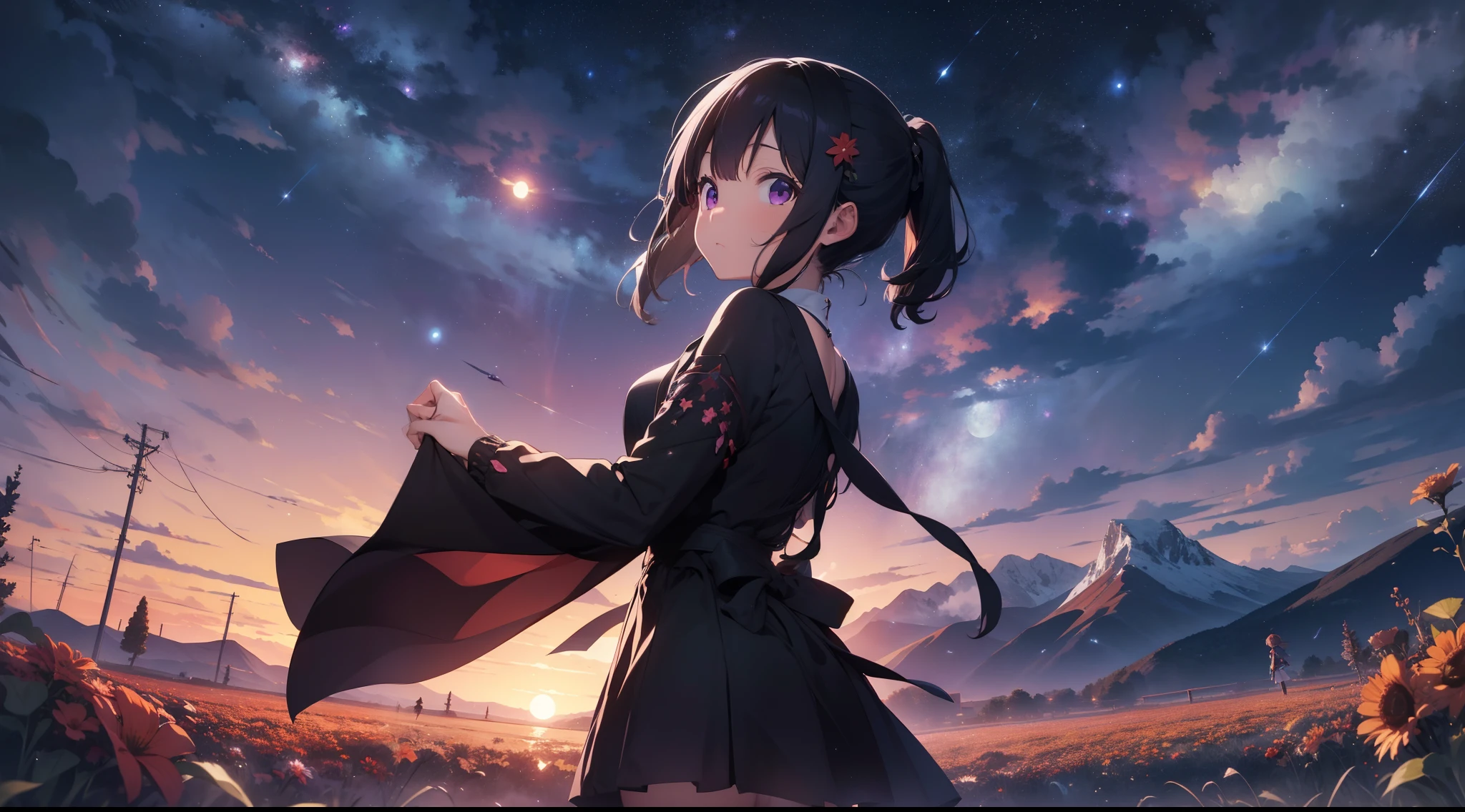 2 p.m、night sky full of stars、fullmoon、Behind a little girl standing in a flower field and looking up、Super beautiful girl、full body seen、Vast landscape photos、（View from below with a view of the sky and the wilderness below）、（fullmoon：1.2）、（shooting stars：0.9）、（nebulas：1.3）、mountain in the distance、Tree Break Production Art、(fireflys:1.2)、Purple and orange、intricate detailes、Volume Lighting BREAK (​masterpiece:1.2)、(top-quality)、4K、ultra-detailliert、（The composition of the movement：1.4）、Highly detailed and colorful details（Irridescent color：1.2）、dream-like、Magical、（独奏：1.2）,Month with very detailed details,posterior view、Highly detailed CG Unity 8K wallpapers,no sun