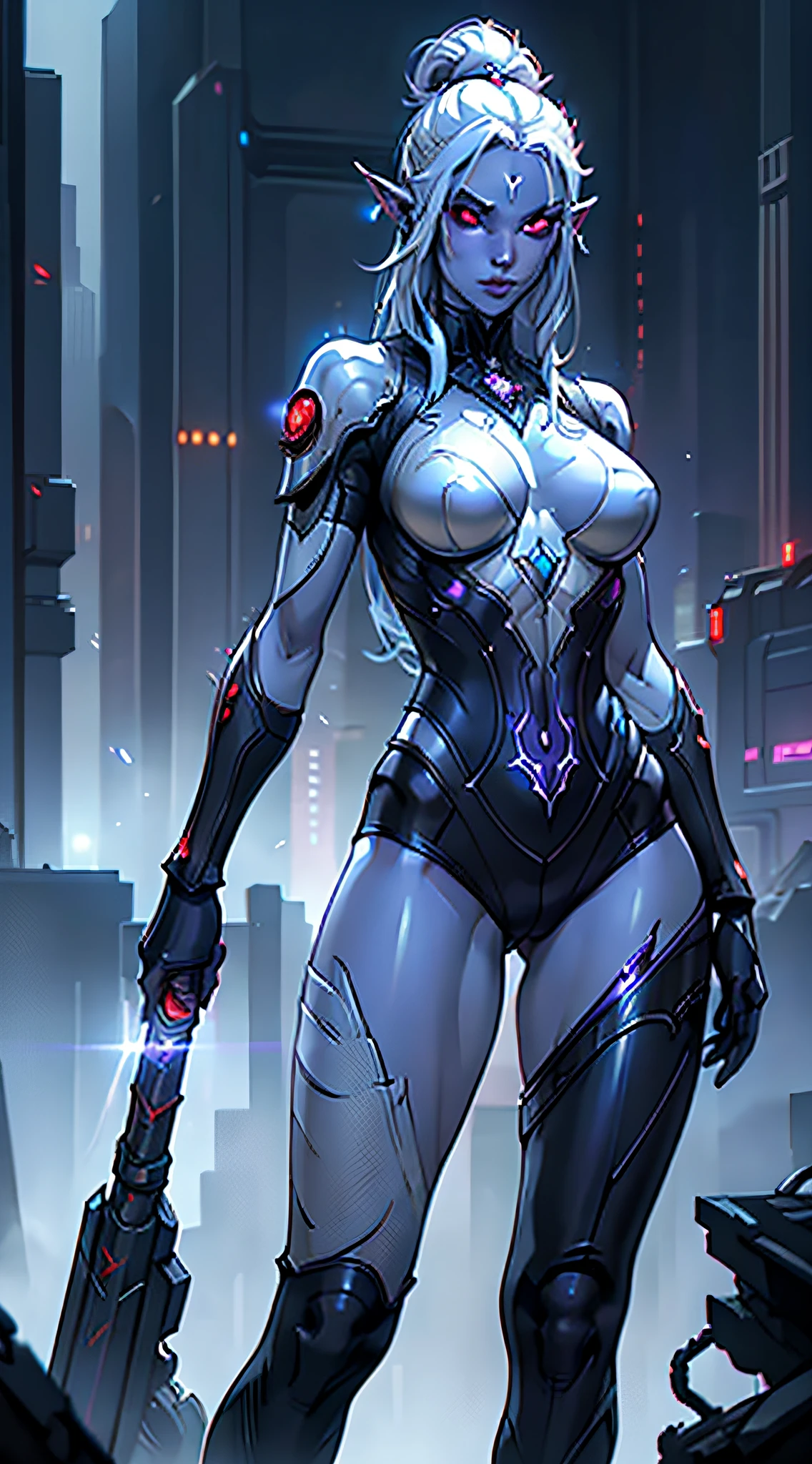 1girl, sexy drow, dark purple-blue skin, pale silver hair bun, ((red eyes)), elf ears, wears ((white sexy cyberpunk sorceress bodysuit)), high heels, wields ((cyberpunk staff)), casts ((light magic)), posing on a busy cyberpunk streer, athletic, volumetric lighting, best quality, masterpiece, realistic, anatomically correct, (strong cinematic lighting), stunning details, intricate details, 8k post-production, High resolution, super details, trending on ArtStation, sharp focus, depth of field f/1.8, studio photos, ((looking at camera))