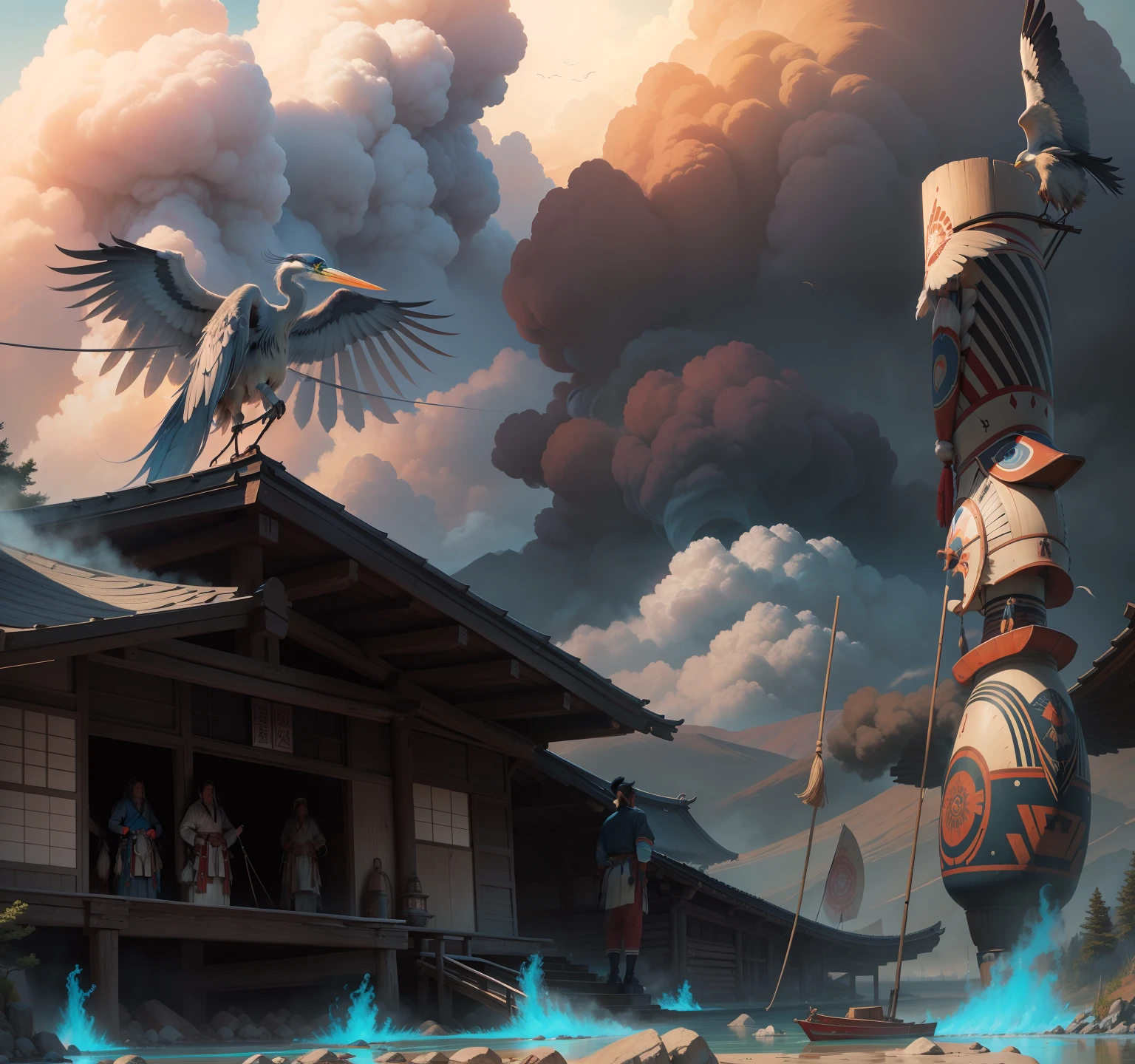 An ancient native american painting in the style of acient Japan， Draw a blue heron flying over a great lake，In the background is a native American longhouse with smoke coming from its central fire, rays of sunshine， tmasterpiece， super detailing， Epic composition， hyper HD， high qulity， extremely detaile， offcial art， 统一 8k 壁纸， super detailing， 32k --