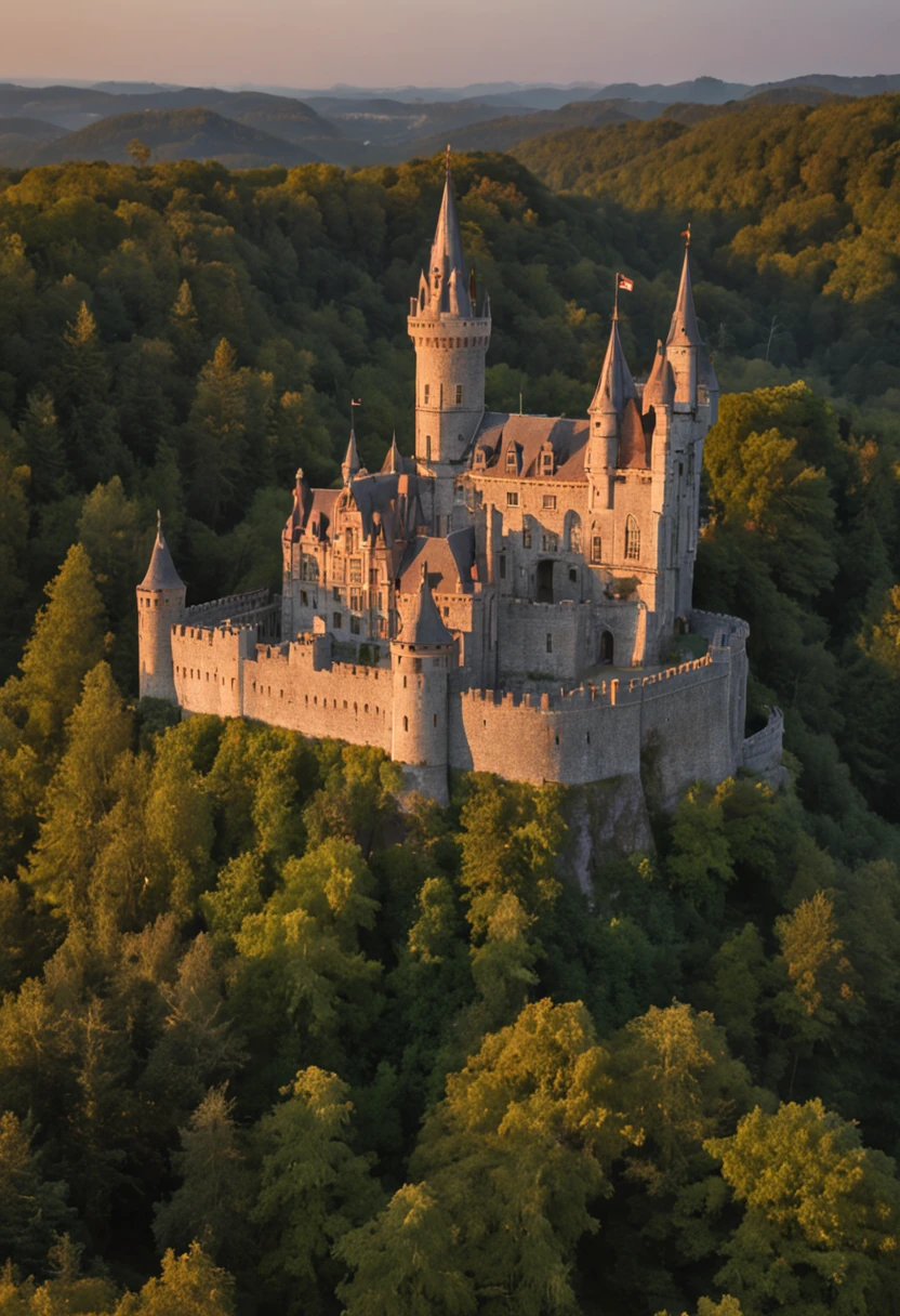 Foto realism，top-quality，超A high resolution，Sunset，European style castle，ln the forest