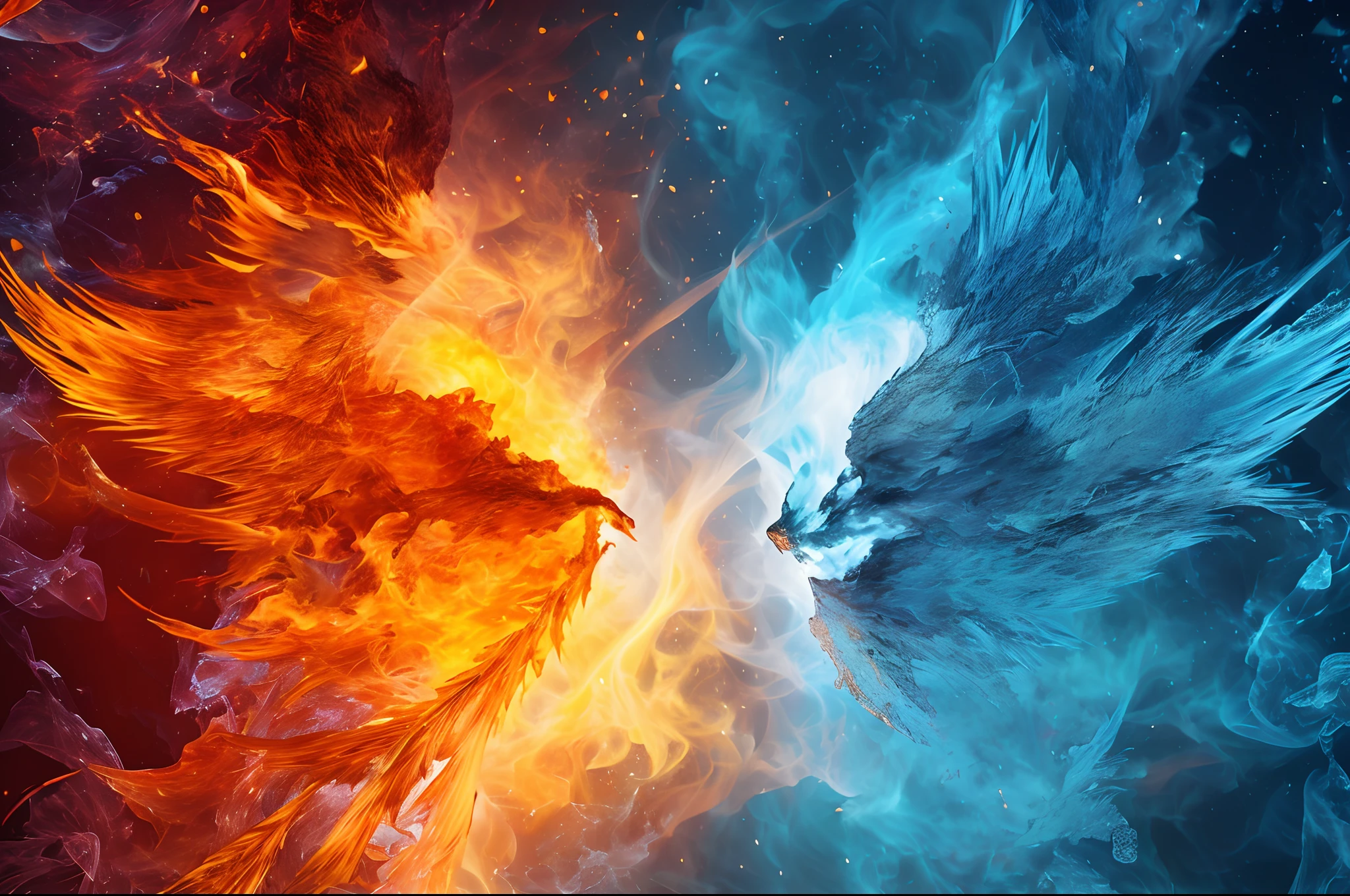 Flames and smoke can be seen in this image of ice and fire, orange fire/blue ice duality!, Ice and fire, fire and ice, energy flows of water and fire, wallpaper hd, Wallpaper 4k, wallpaper 4 k, Ice and water, wallpaper hd,