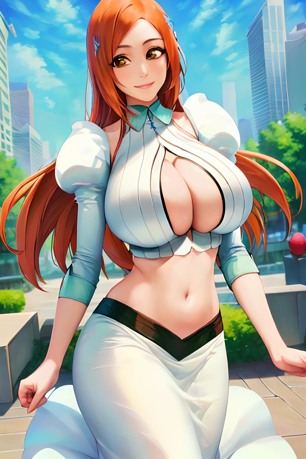 masterpiece*portrait, realistic, 1girl, ((Orihimesomakjskirt, orange hair, navel, cleavage, midriff, crop top, clothing cutout, cleavage cutout,white long skirt,puffy sleeves)),smile,close up,outdoor,((city street)), Big breasts,