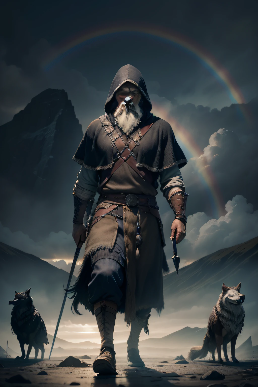 An old Viking man was blind in one eye. Standing at the far end of the rainbow, wearing a hoodie over his head, covering it completely. One hand holds a long spear. Two black crows flew around, and two wolves lay at his feet.