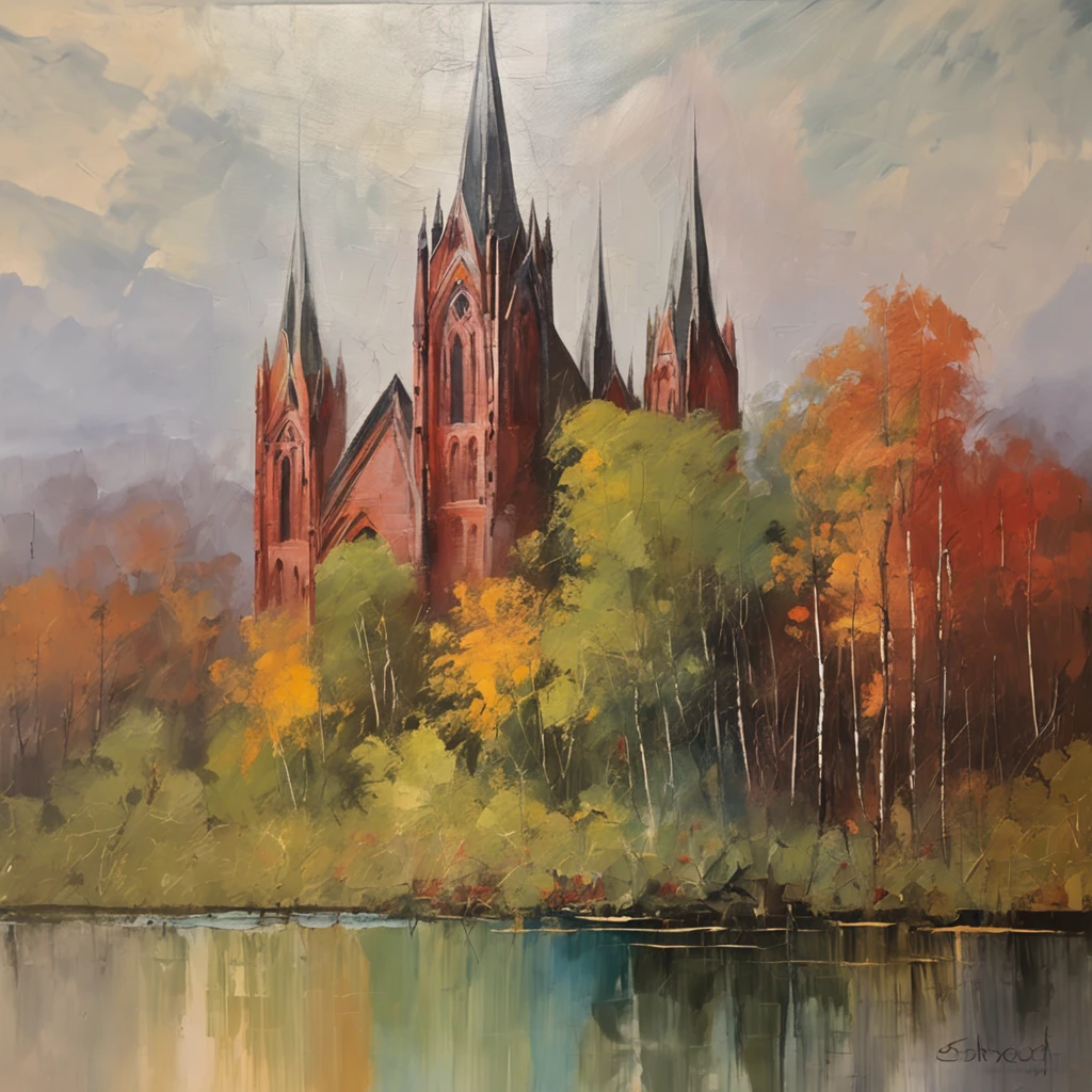 A huge tall Gothic cathedral made of red brick on a high hill in a coniferous forest, Hilly terrain, kali, flowing next to the cathedral, Large cloudiness, Fog in the lowlands above the river, jour, high picture quality, High-definition image, max detail.