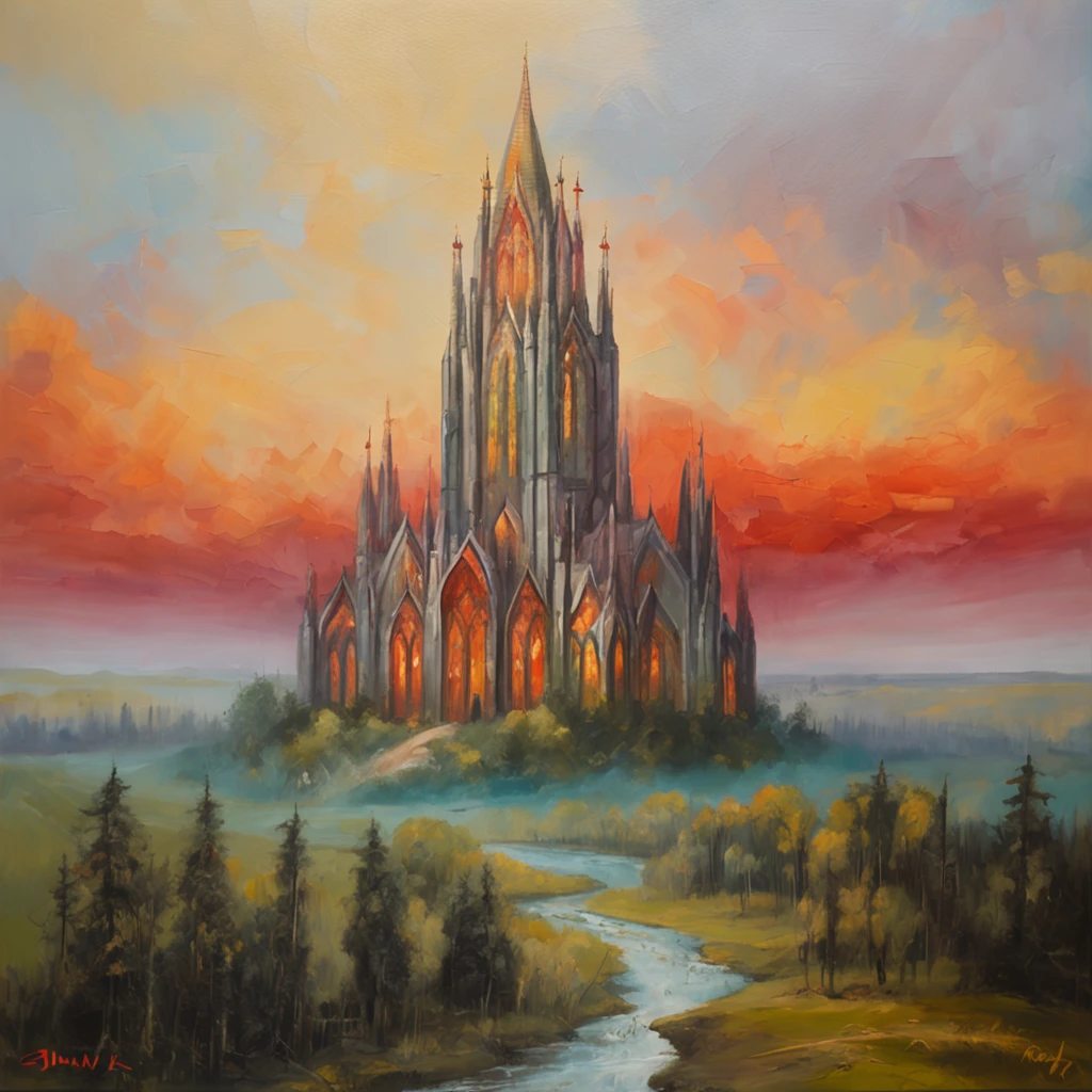 A huge tall Gothic cathedral made of red brick on a high hill in a coniferous forest, Hilly terrain, kali, flowing next to the cathedral, Large cloudiness, Fog in the lowlands above the river, jour, high picture quality, High-definition image, max detail.