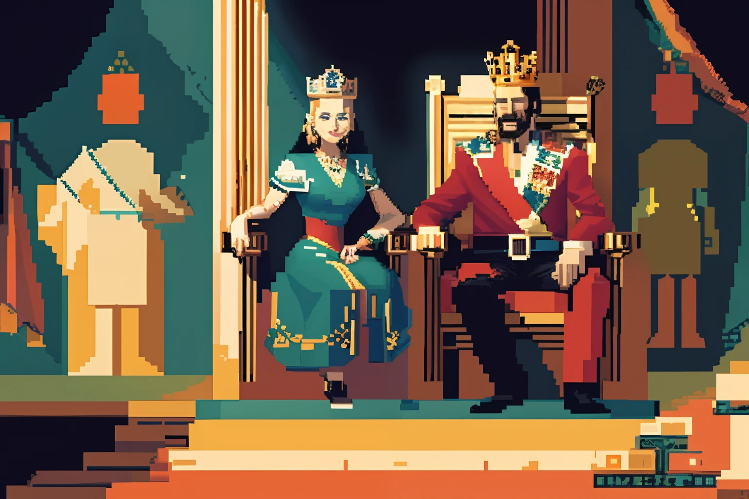 Pixel art of ( king and queen)(sitting on the throne) in 32 bite style,