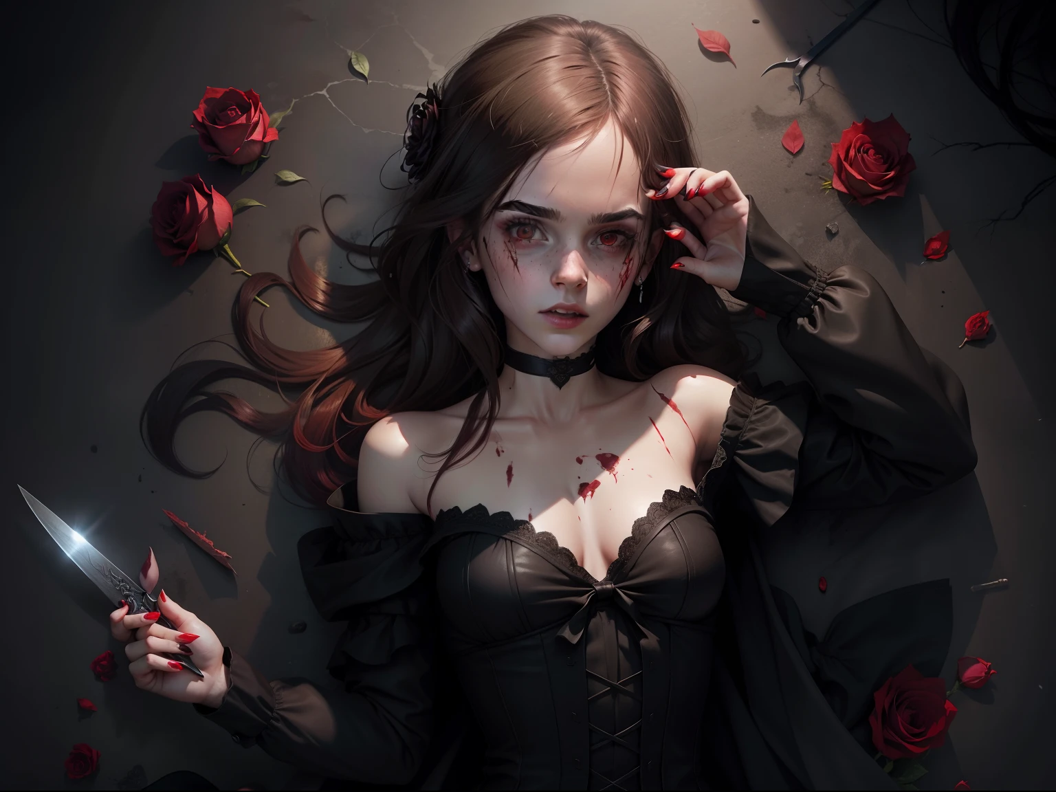 teen Emma Watson, zombie, corpse, beautiful, blood, bone, knives, holding a long dagger, flowers, love, 1girl，black wedding dress, Red roses in hair, Red roses scattered around, Red nail polish, red bleeding eyes