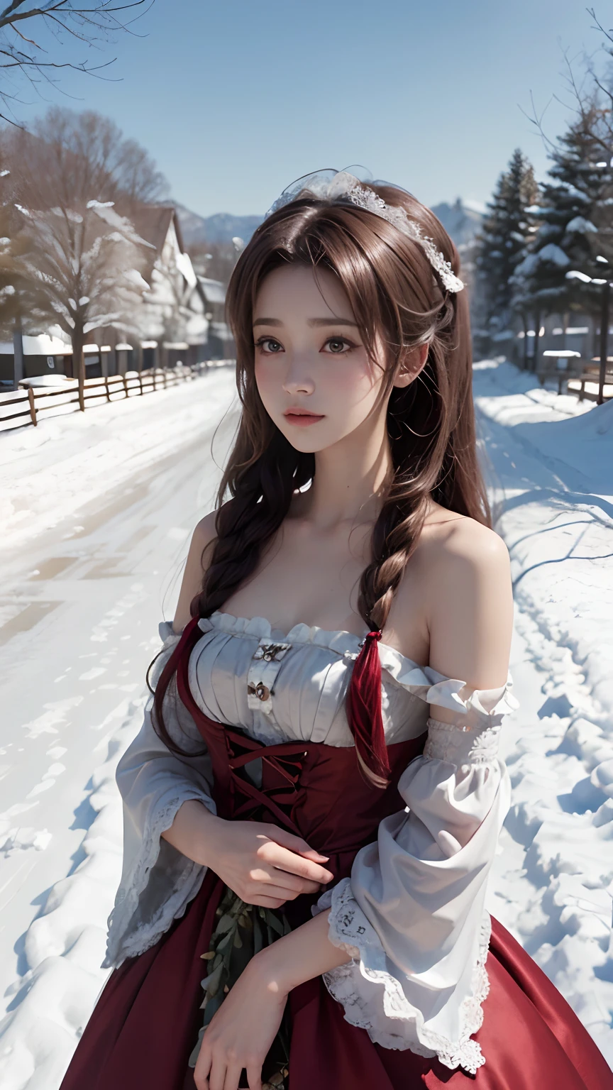 8K, best qualtiy, masterpiece, photograph realistic, Hide your face with sadness, red Lolita costume, Lace, Aerith Gainsborough, whole body, undergarments, exposed bare shoulders, do lado de fora, outside, Covered with snow, cloaks, high high quality, Adobe Lightroom, highdetailskin, looking at viewert,