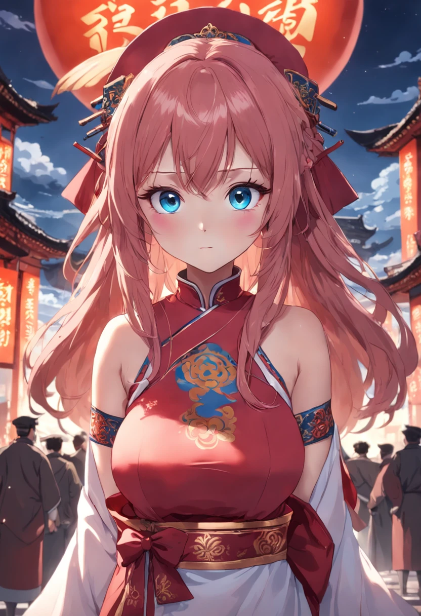 tmasterpiece,best qualtiy,anime big breast,redheadwear,Young girls,Positively,full bodyesbian,Big eyes,blue color eyes,Cross your hands at the waist,Chest protrusion,Chinese style cheongsam,The mouth smiles