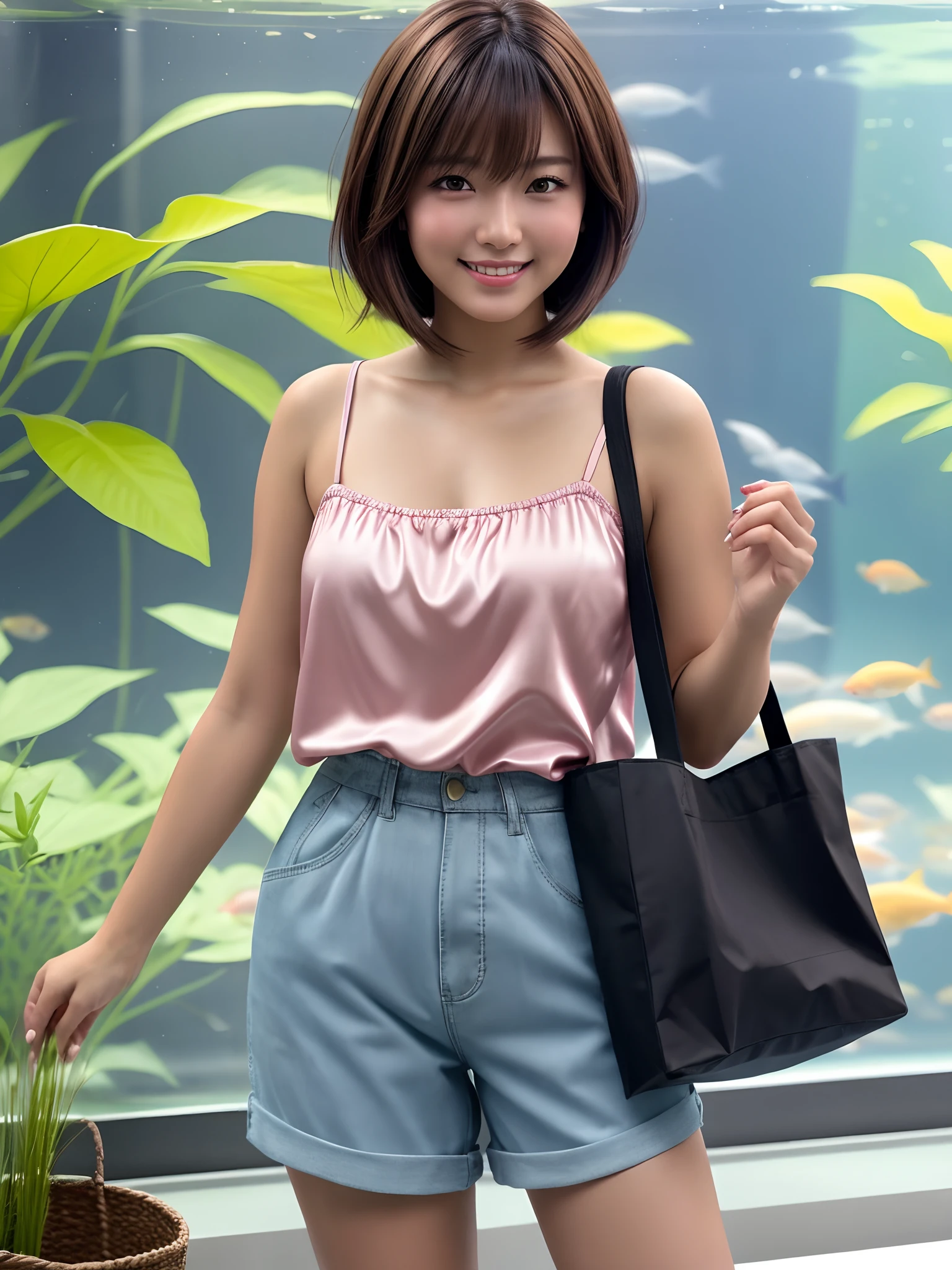 product quality, 1 girl, a cowboy shot, front view, a Japanese young pretty girl, bob hair, carrying a tote bag over her shoulder, glamorous figure, wearing a satin pink camisole, wearing short pants, watching a school of big fish with a big smile in a crowded aquarium, hyper cute face, glossy lips, double eyelids for both eyes, natural makeup, shiny smooth light brown bob hair, asymmetrical bangs, tanned skin, central image, high resolution, high detailing, detailed hairstyle, detailed face, cinematic lighting, octane rendering, vibrant, hyper realisitic, perfect limbs, perfect anatomy