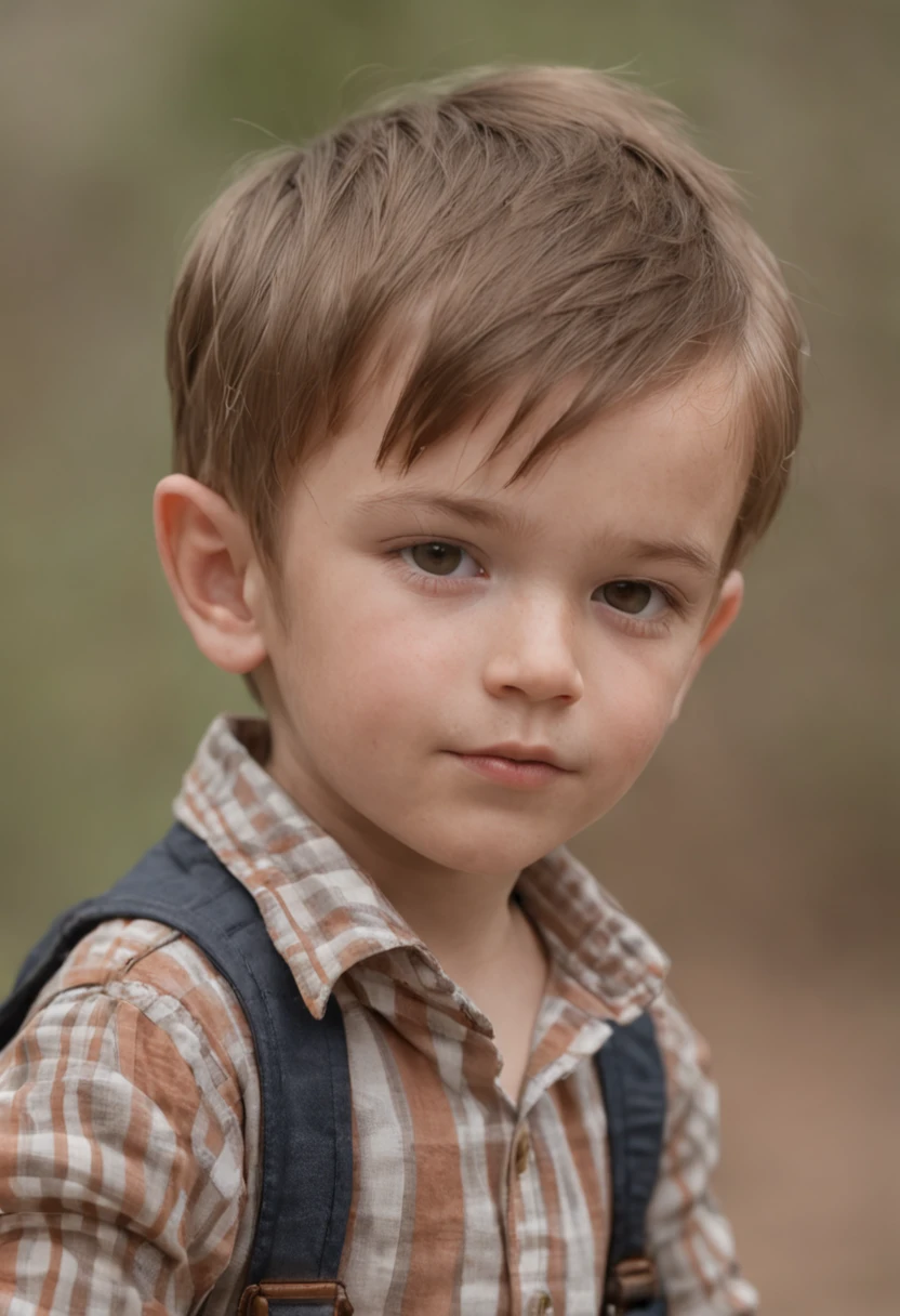 Portrait photo real young boy looking at the Sandman in the woods