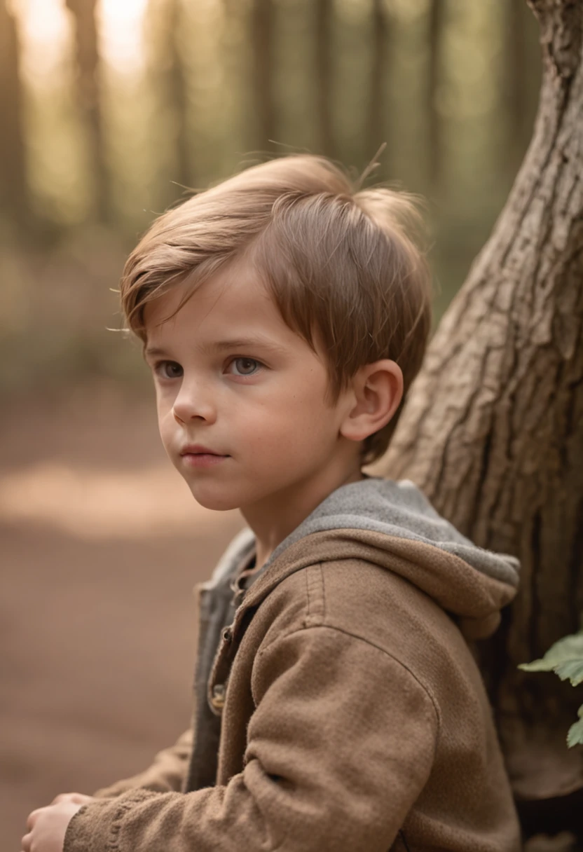 Portrait photo real young boy looking at the Sandman in the woods