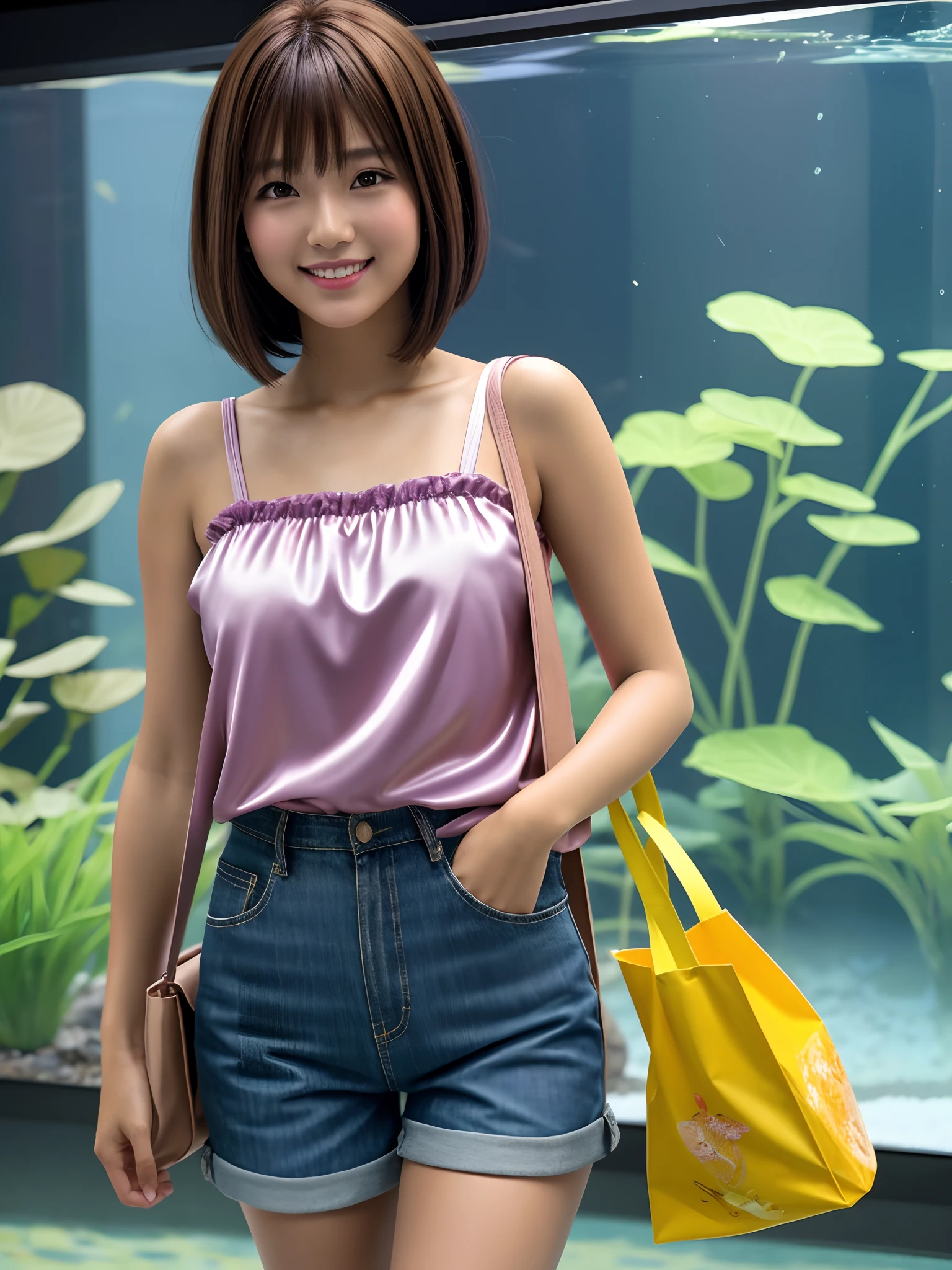 product quality, 1 girl, a cowboy shot, front view, a Japanese young pretty girl, bob hair, carrying a tote bag over her shoulder, glamorous figure, wearing a satin pink camisole, wearing short pants, watching a school of big fish with a big smile in a crowded aquarium, hyper cute face, glossy lips, double eyelids for both eyes, natural makeup, shiny smooth light brown bob hair, asymmetrical bangs, tanned skin, central image, high resolution, high detailing, detailed hairstyle, detailed face, cinematic lighting, octane rendering, vibrant, hyper realisitic, perfect limbs, perfect anatomy