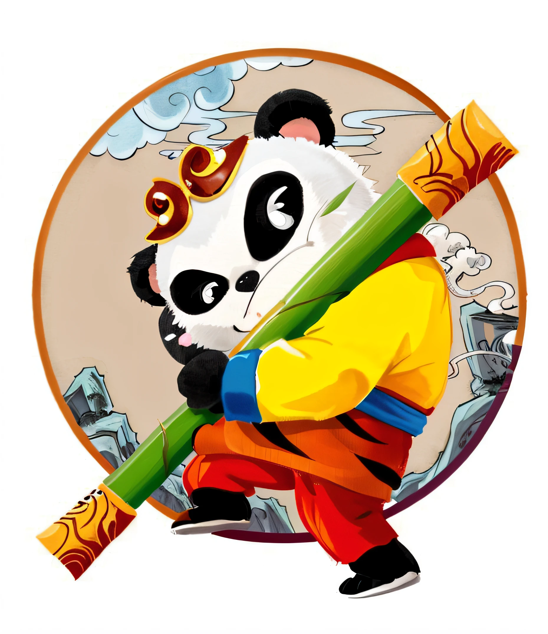 Cartoon panda with bamboo stick in hand and cloud in background, inspired by Luo Ping, panda panda panda, Kung Fu Panda, tian zi, inspired by Miao Fu, inspired by Luo Mu, Cute panda, Panda, pan ren wei, Inspired by Hu Zaobin, feng shu, hand painted cartoon art style, Chinese painting style