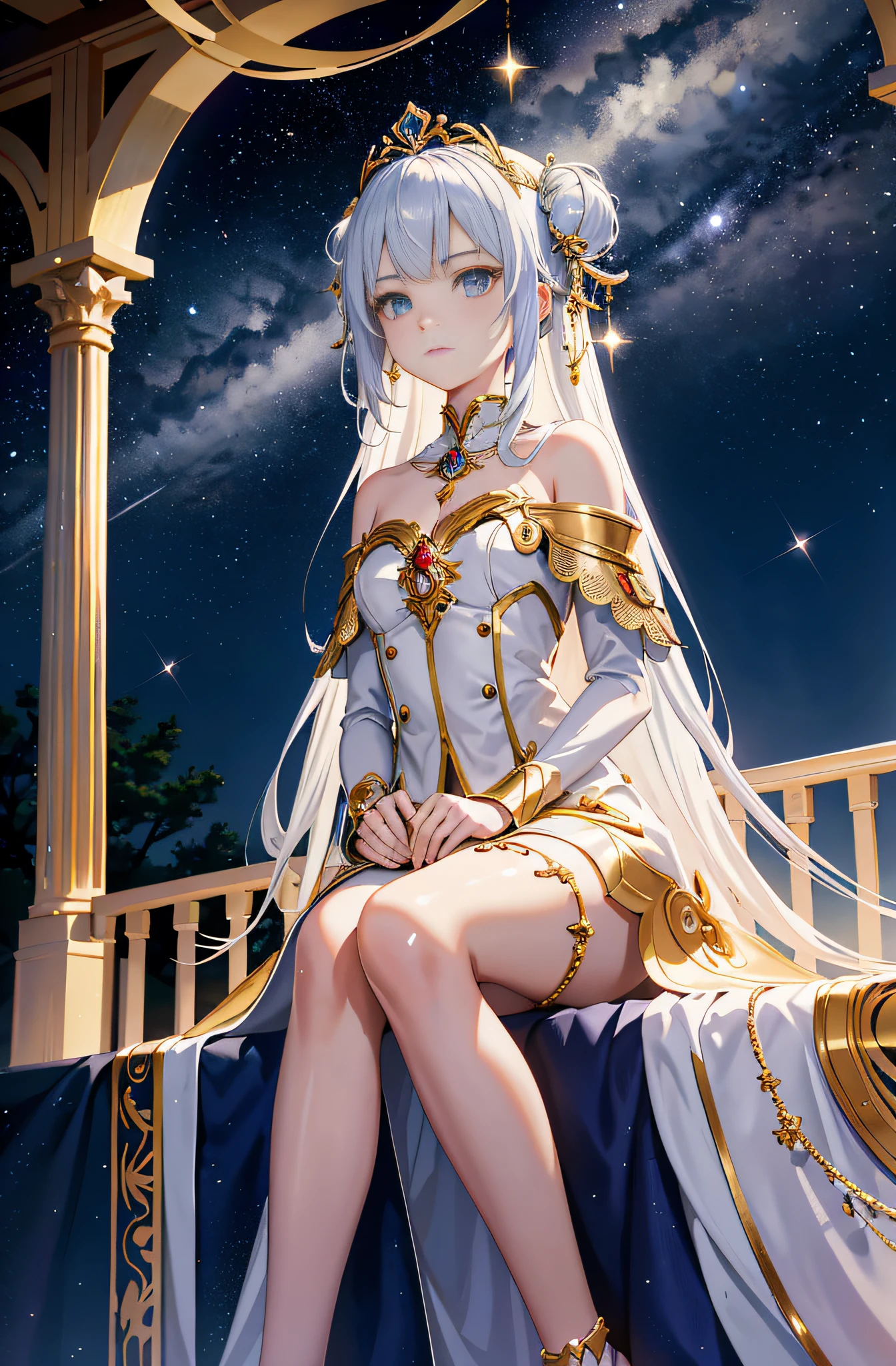 Anime girl sitting on bench,Holding a sword in hand, Portrait Chevaliers du Zodiaque Fille, Anime goddess, ((a beautiful fantasy empress)), knights of zodiac girl, a beautiful fantasy empress, royal elegant pose, white-haired god, trending on artstation pixiv, goddess of galaxies, Beautiful celestial mage, celestial goddess, Smooth anime CG art