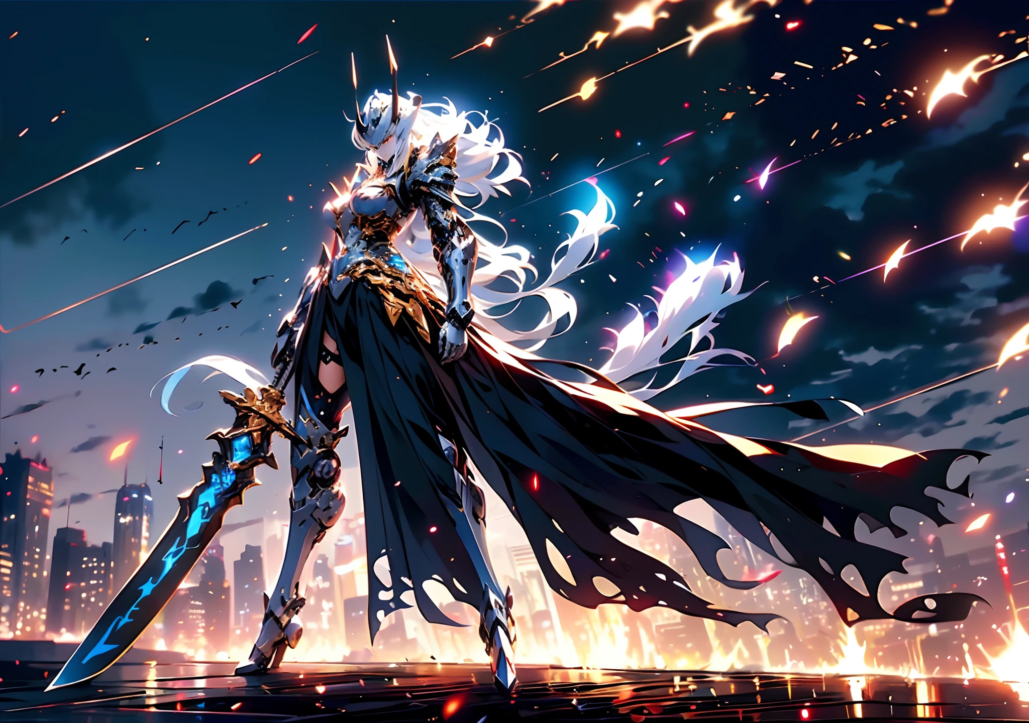 Alphad image of a mecha female warrior with a gun, from girls frontline, girls frontline style, girls frontline universe, Fine details. Girl Front, in mecha style,Fighting posture,giant mecha,(Smooth surface),Stand on a cliff overlooking the night view,Cyberpunk-city,White is the main color，With red、Bright decorative colors such as blue and gold。There are powerful thrusters,(crystal:1.3),(((巨作))),(((Best quality))),((ultra - detailed))((Extremely detailed CG)),((16K resolution))((An extremely delicate and beautiful)),{Photorealistic},Full of detailed light blooms,A masterpiece from the Canon EOS R6 shooting,((tmasterpiece)) ,电影灯光,独奏,Unreal Engine 5,(Chinese Longquan sword,Superb craftsmanship、An elegant and powerful sword。The blade is slender and graceful，Forged using traditional techniques。The body of the knife is carved with fine ornaments，Showcasing mythical creatures and symbols of power。The handle is made of precious ivory material),salama,raiden