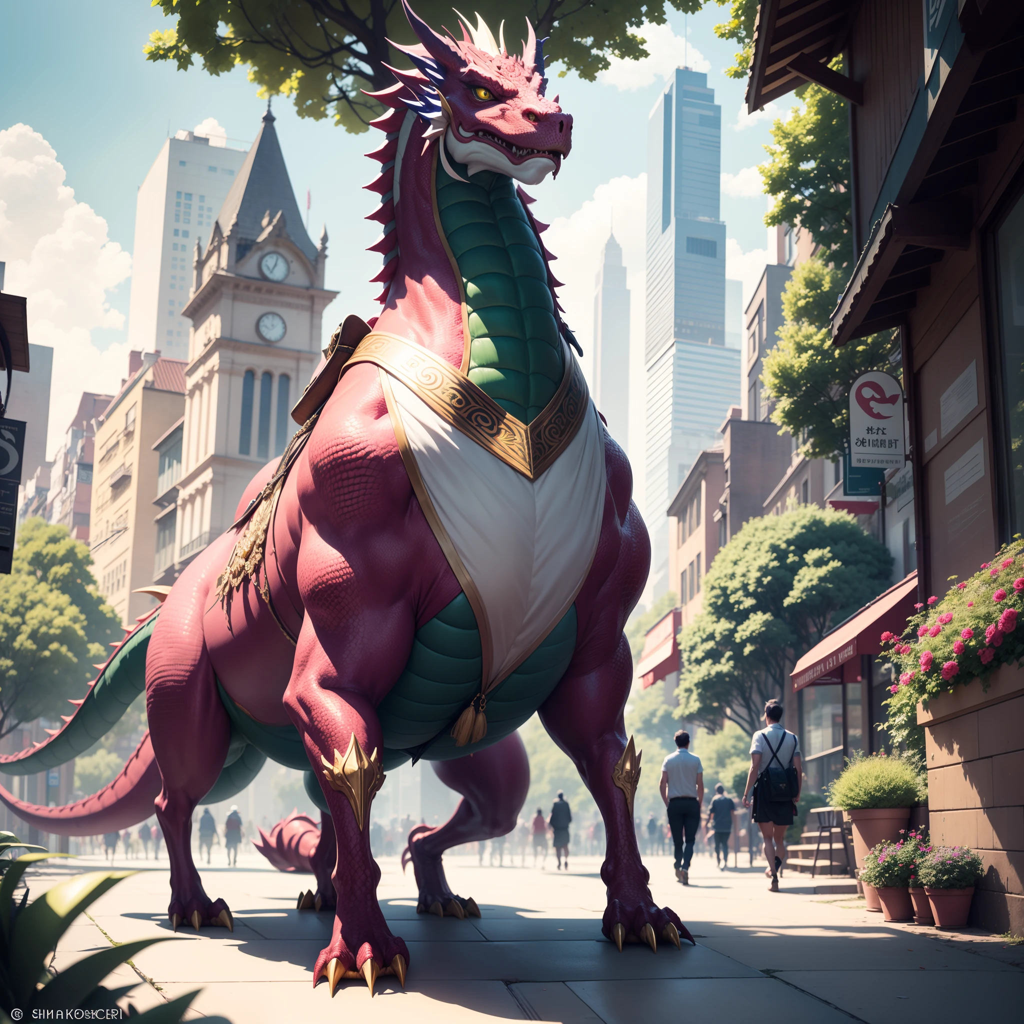 Majestic Green Dragon, its scales, shimmering in the sun, Walk along a busy street, along which there are towering buildings. Decorated with a delicate pink flower, sitting on his head, He wears a regal blue vest, Decorated with intricate gold trim, and a bright yellow belt around the waist. With brown messenger bag, slung over the back, and a wooden cane in one claw, The dragon exudes an atmosphere of wisdom and sophistication. The scene was shot by a professional camera model, emphasizing the intricate details of the dragon and the bright colors of the surrounding street, filled with trees, Flowers, and the hustle and bustle of everyday life.