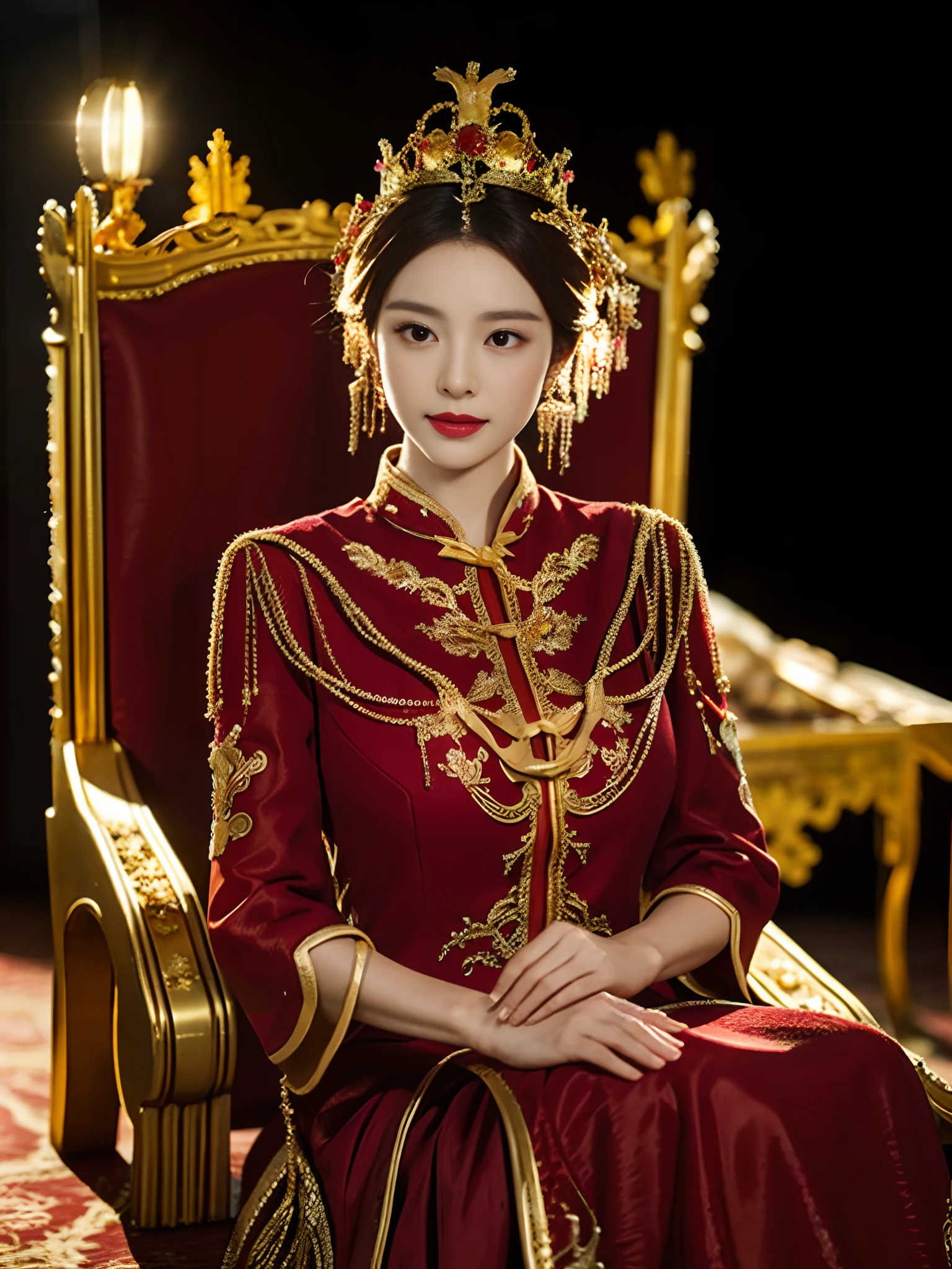 best quality, masterpiece, detail, intricate detail, realistic cinematic lighting, (fantasy art: 1.6), (seiza: 1.1), (front: 1.2), upright, royal, majestic, queen, (huge and golden throne: 1.4), crown, close-up front, solemn, throne, upright posture, seriousness, dignity, gaze ahead, contemplation, jewelry, solo, divine ray, 1 woman, gold and red dress, golden palace,