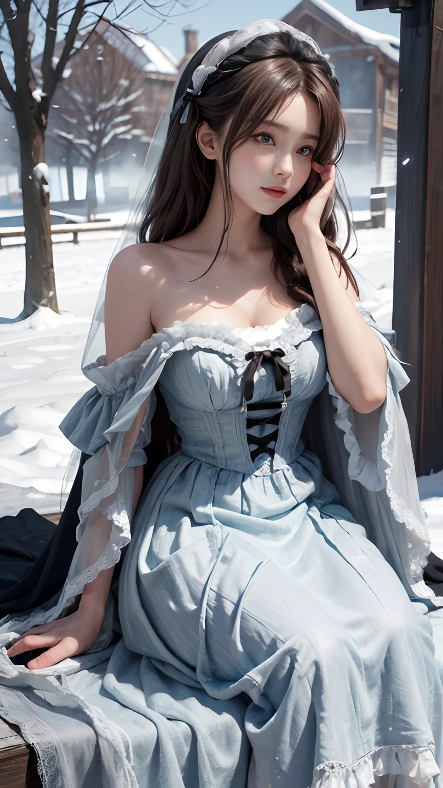 8K, best qualtiy, masterpiece, photograph realistic, Hide your face with happiness, black Lolita costume, Lace, Aerith Gainsborough, whole body, undergarments, exposed bare shoulders, do lado de fora, outside, Covered with snow, cloaks, high high quality, Adobe Lightroom, highdetailskin, looking at viewert,