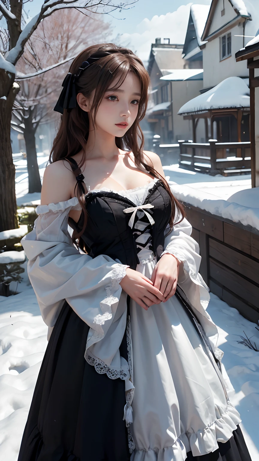 8K, best qualtiy, masterpiece, photograph realistic, Hide your face with happiness, black Lolita costume, Lace, Aerith Gainsborough, whole body, undergarments, exposed bare shoulders, do lado de fora, outside, Covered with snow, cloaks, high high quality, Adobe Lightroom, highdetailskin, looking at viewert,