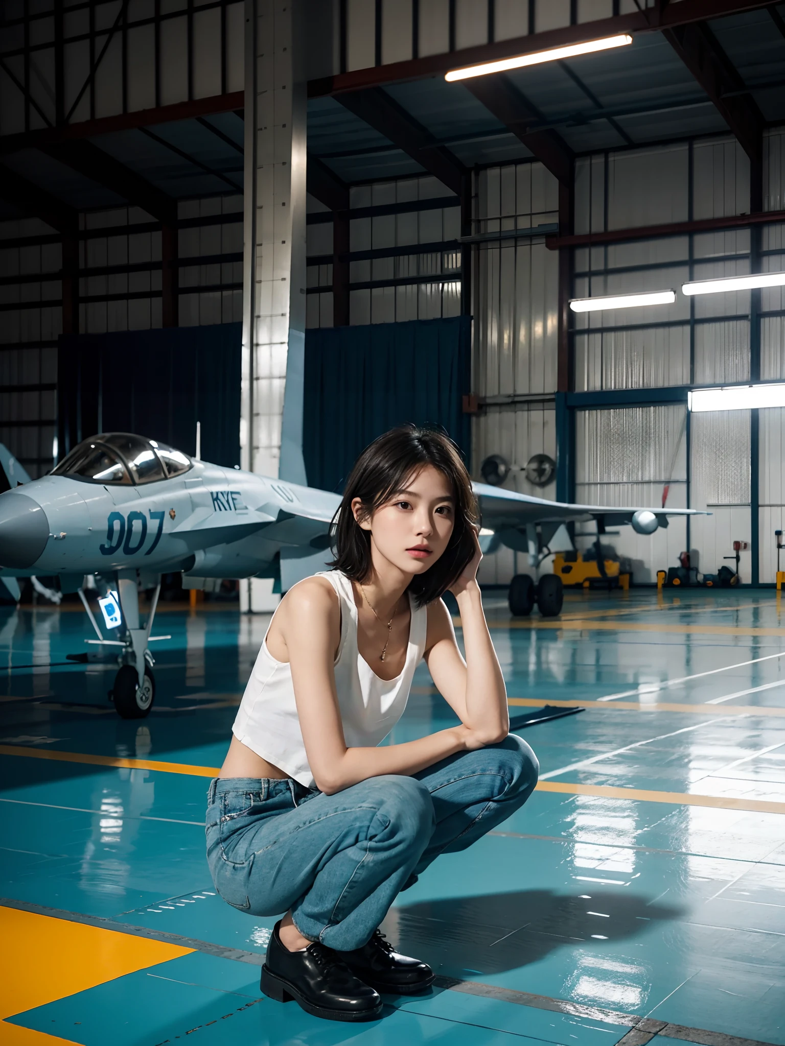 ((smallunderboob,Tomboyish,small heads)), (Well-defined abs: 1.1), (perfect bodies: 1.1), (short-length straighthair: 1.2), Black hair, upper body photos, attractive collarbone，nabel，（极其细致的CG 8k壁纸），（Extremely refined and beautiful），（tmasterpiece），（best qualtiy：1.0），（超高分辨率：1.0），beautiful light up，Perfect lightning，realistic shaded，[A high resolution]，Smooth and flawless fair skin，ultra - detailed ，Elongated legs，flatchest，Slim，emaciated，Female repairman，In the hangar of the fighter，Spacious hangar，during night，Dim light，Large fighter，Under the wing of the fighter，Next to the landing gear of the fighter，Next to the tires，Squat，Wear dirty white gloves on both hands，With a long screwdriver in his hand，Repair work is underway，Ocean blue cloth jacket，Blue and white horizontal striped sea soul shirt vest，Ocean blue trousers，Flat black cloth shoes