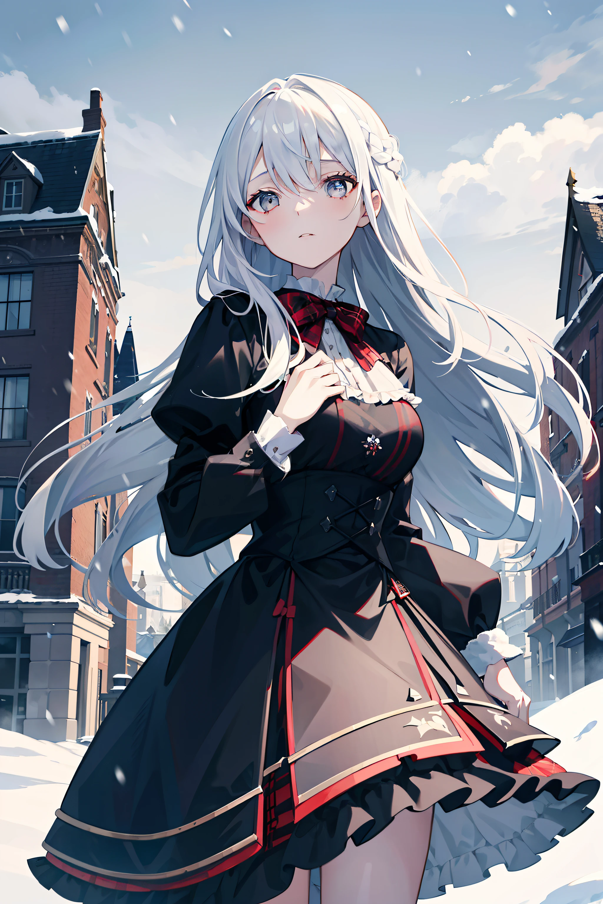 Girl in a black dress of British aristocracy，On the chest is a ribbon of red plaid cloth，White hair and gray eyes，Noble temperament，Stand where it snows，There are no buildings around，Best quality，Exquisite，Super fine illustration，Ethereal，mistic