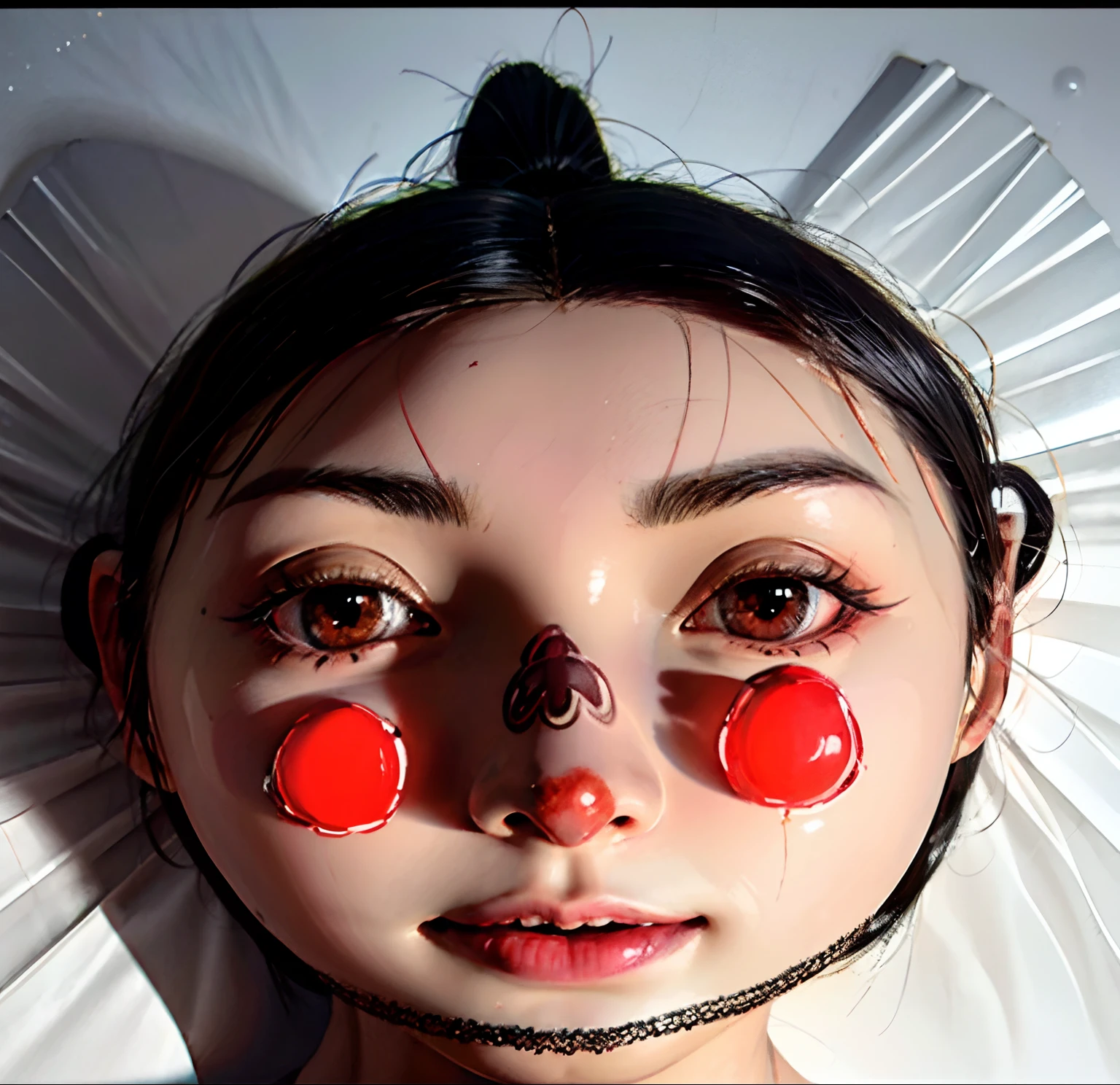There is a picture of a face with red eyes on a white wall, inspired by Nara Yoshitomo, Nara Yoshitomo, detailed face of a asian boy, south east asian with round face, Asian Face, with detailed facial features, Red cheeks, with round cheeks, boy with neutral face, with round face, by Yoshitomo Nara