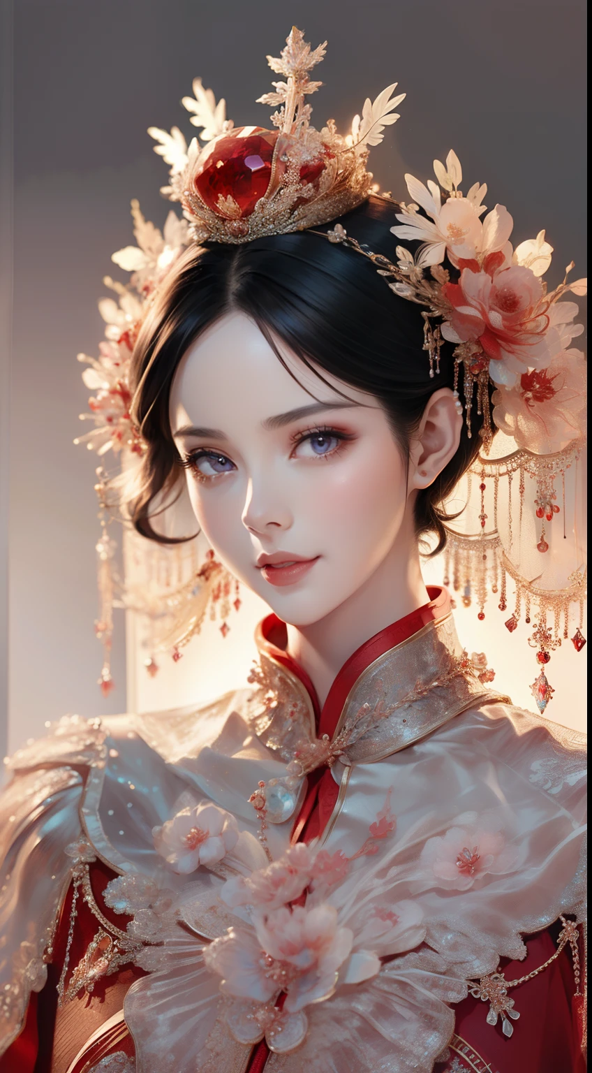 tmasterpiece，Highest high resolution，((tiara crown))，Dynamic bust of beautiful Chinese princess，the bride，Jet black hair is elegantly coiled，（(Wearing a huge red crown))，veils，Purple clear eyes，The hair is covered with beautiful and delicate floral craftsmanship, Crystal jewelry filigree，Ultra-detailed details，upscaled。