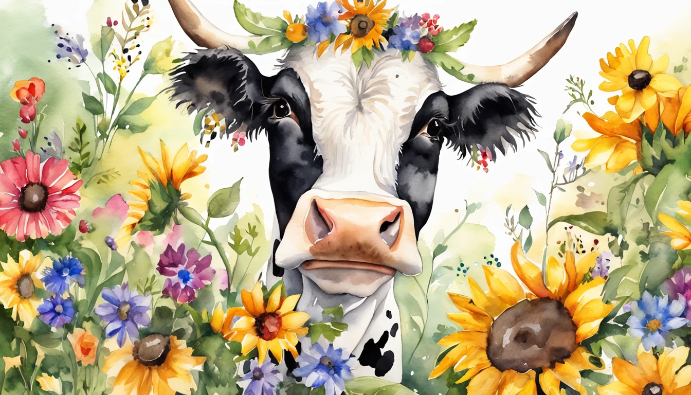 A cute black and white spotted American cow,A sunflower wreath is worn on his head,Positive perspective,cow head,