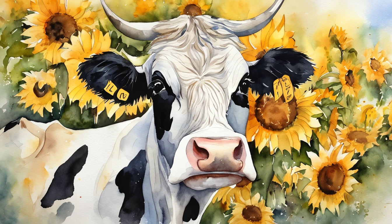 A cute black and white spotted American cow,A sunflower wreath is worn on his head,Positive perspective,cow head,