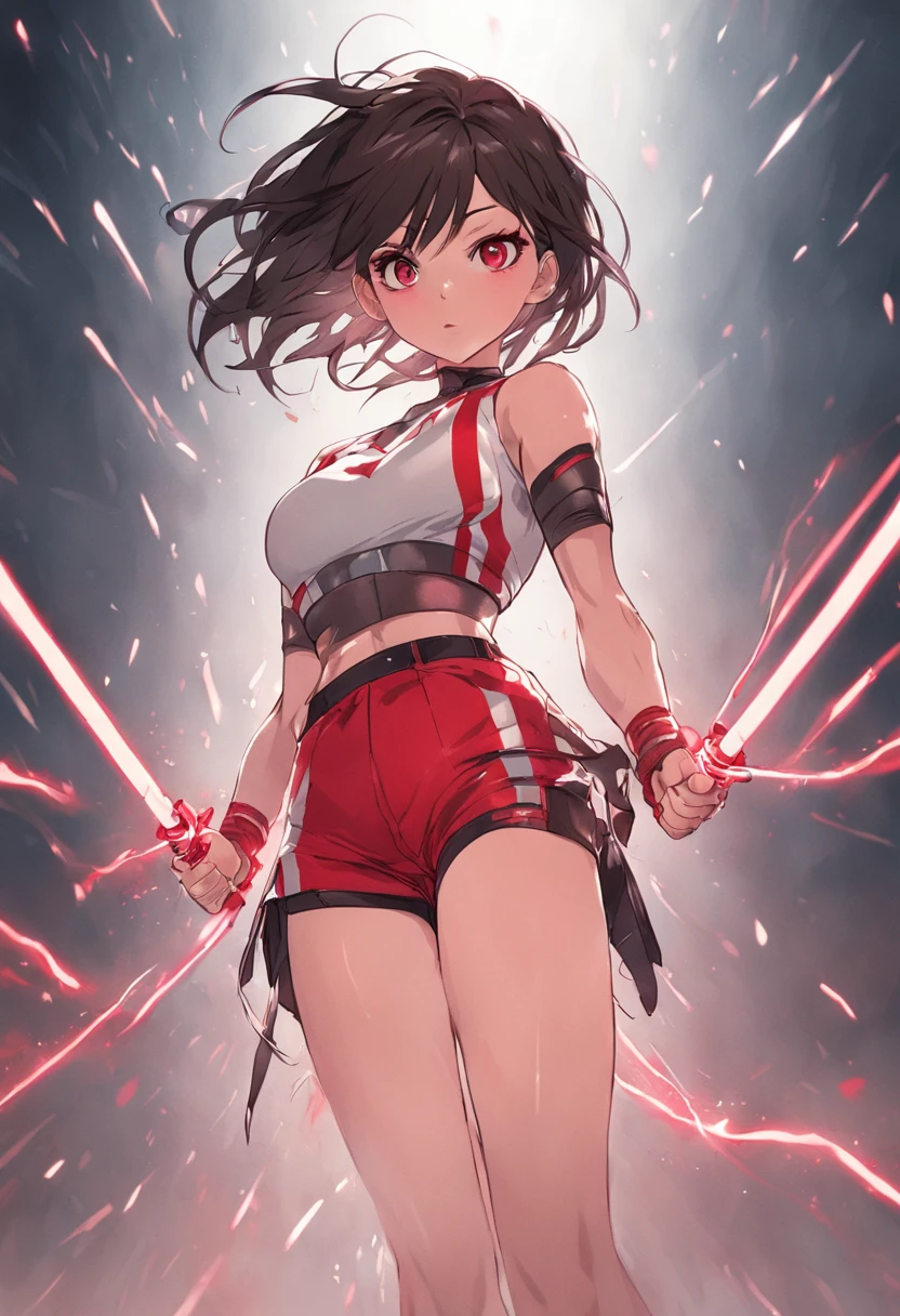 sexy beautiful female superheroine . dark brown hair green eyes wears a white midriff top with a red stripe on the center and an opening on the chest . Wears red shorts that in white in the center, with the addition of fishnet stockings. Wears black boots with a pink outline, she is holding pair of electric Escrima Sticks portrait photography by artgerm, in the style of realism, glistening skin, , natural lighting, Defined full lips. Muscular fitness feminine body