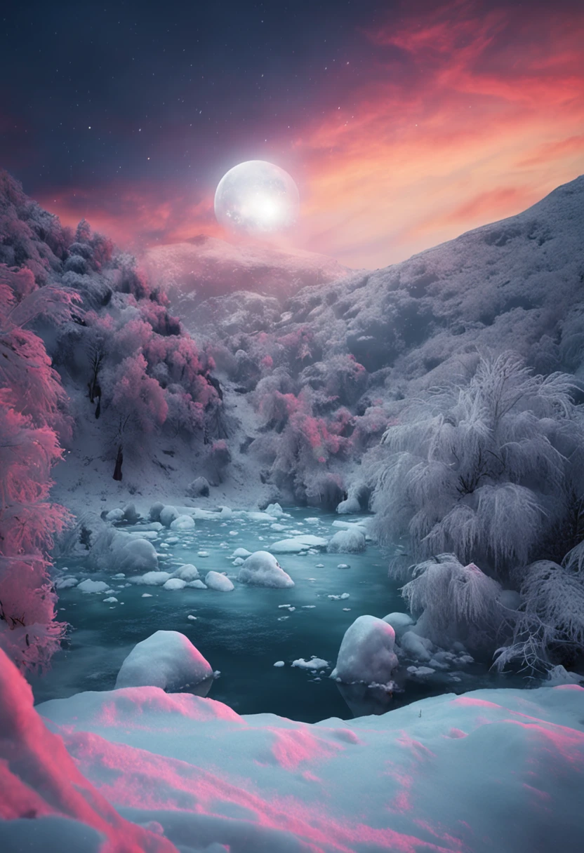 A close up of a river in a snowy field with a full moon - SeaArt AI