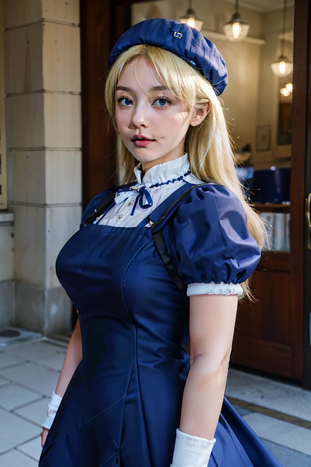 upper body, 1girl, teen, (russian, japanese), thick lips, large breasts, solo, (HinakoMS:1.2), blonde hair, blue hair bow, blue dress, white short, beret, hat pin, tatting, fingerless gloves, (bandages), medium breasts, backpack straps,