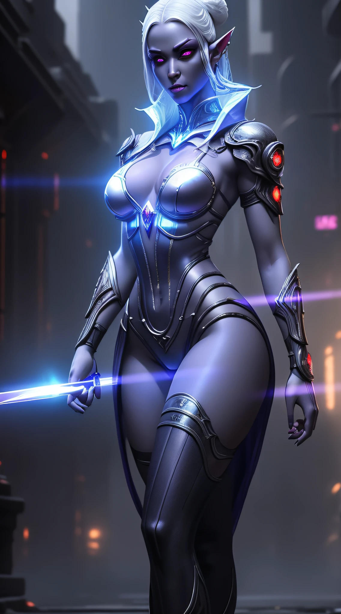 1girl, sexy drow, dark purple-blue skin, pale silver hair bun, ((red eyes)), elf ears, wears ((white sexy cyberpunk sorceress bodysuit)), high heels, wields ((cyberpunk staff)), casts ((light magic)), posing on a busy cyberpunk streer, athletic, volumetric lighting, best quality, masterpiece, realistic, anatomically correct, (strong cinematic lighting), stunning details, intricate details, 8k post-production, High resolution, super details, trending on ArtStation, sharp focus, depth of field f/1.8, studio photos, ((looking at camera))