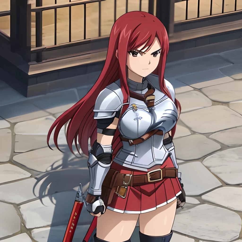 1girl, solo, erza scarlet, fairy tail, red hair, brown eyes, long hair, looking at viewer, serious, closed mouth, fullbody shot, sidelocks, armored dress, breast, breastplate, large breast, cuirass, elbow pad on both arms, gauntlet on both arms, miniskirt, blue miniskirt, thick thighs, boots, knight boots, standing, legs apart